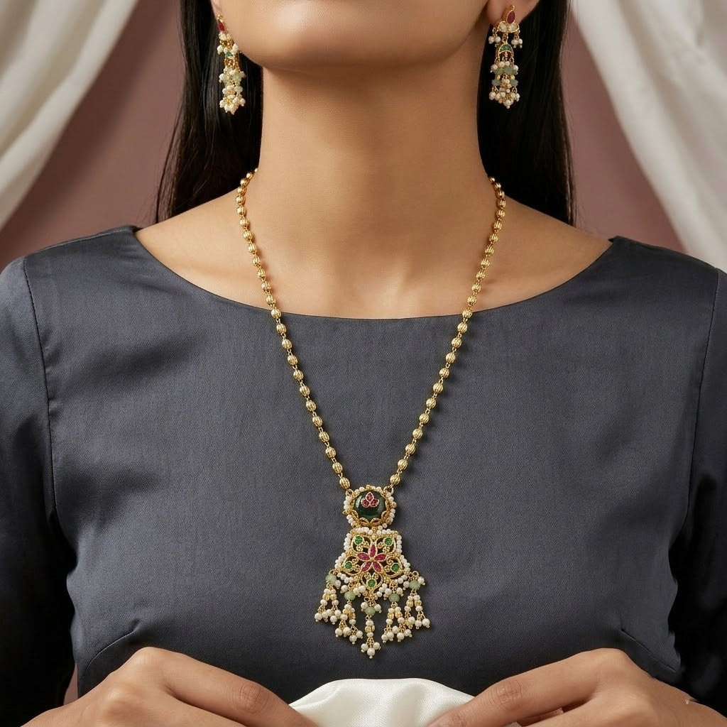 Gold Plated Pearl & Stone Studded Jewellery Set