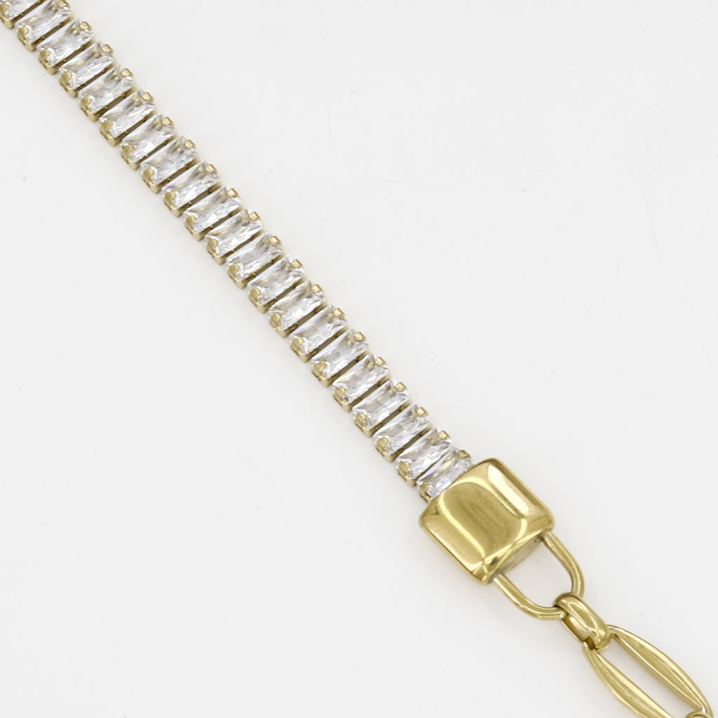 Gold Padlock Charm Bracelet with Baguette Crystals
