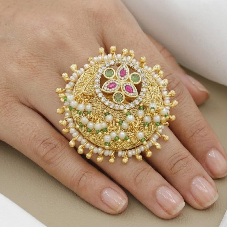 Antique Gold Plated Kundan & Ruby Finger Ring with Pearl Drops