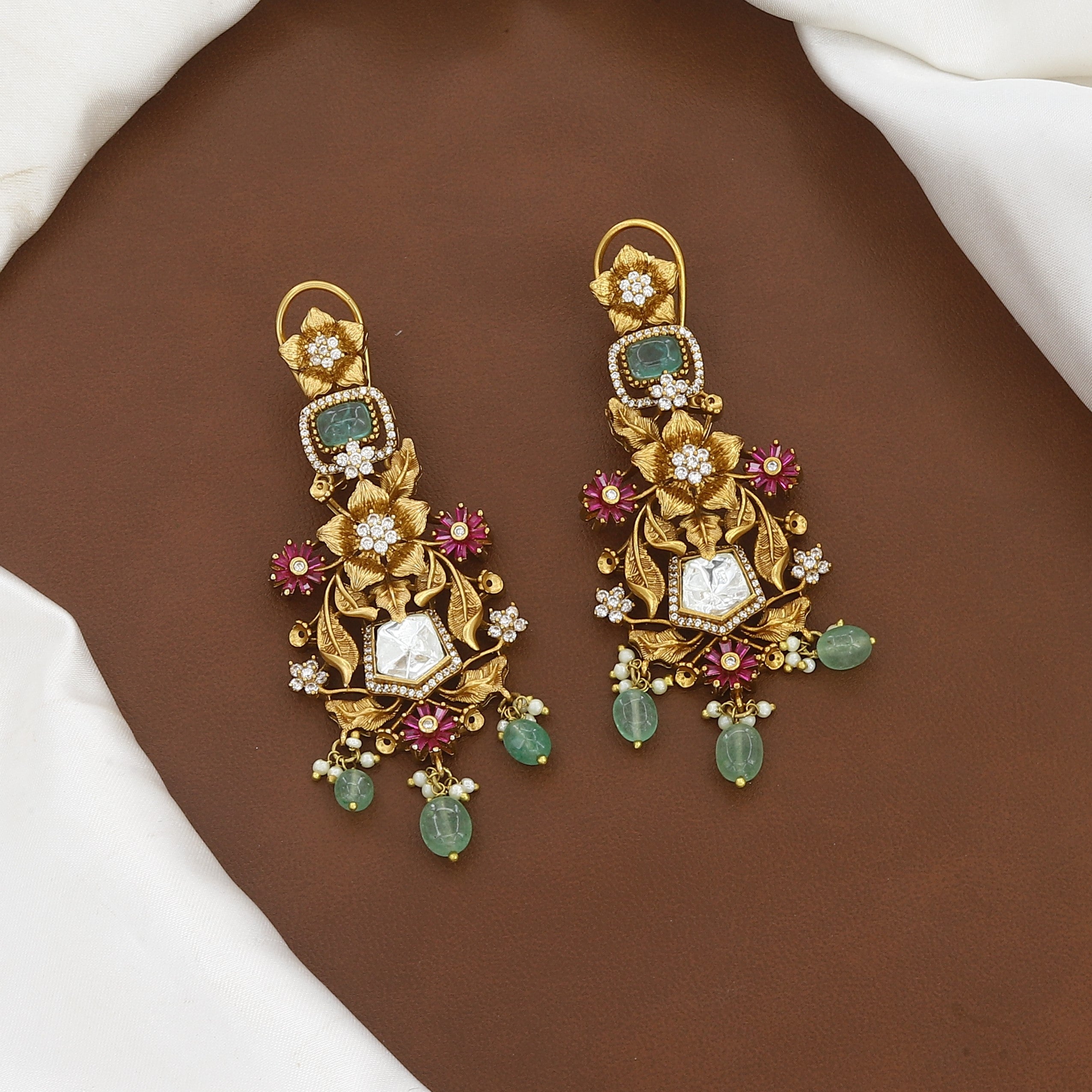 Antique Gold Matte Floral Necklace Set with Multi-Gemstones