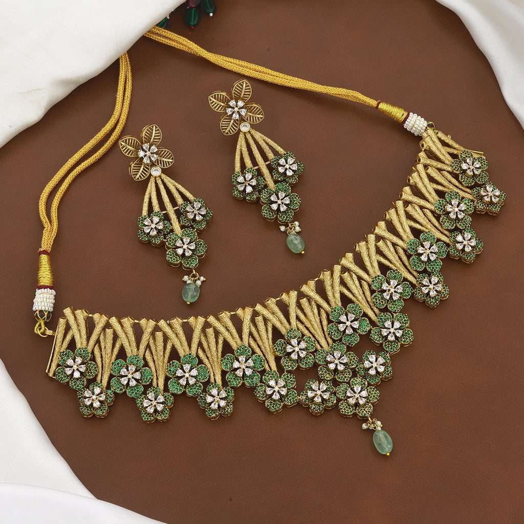 Floral Gold-Plated Choker Necklace & Earring Set