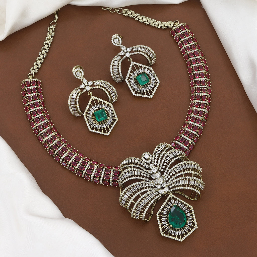 Mehndi Polished Luxury Ruby and Emerald Diamond Necklace Set