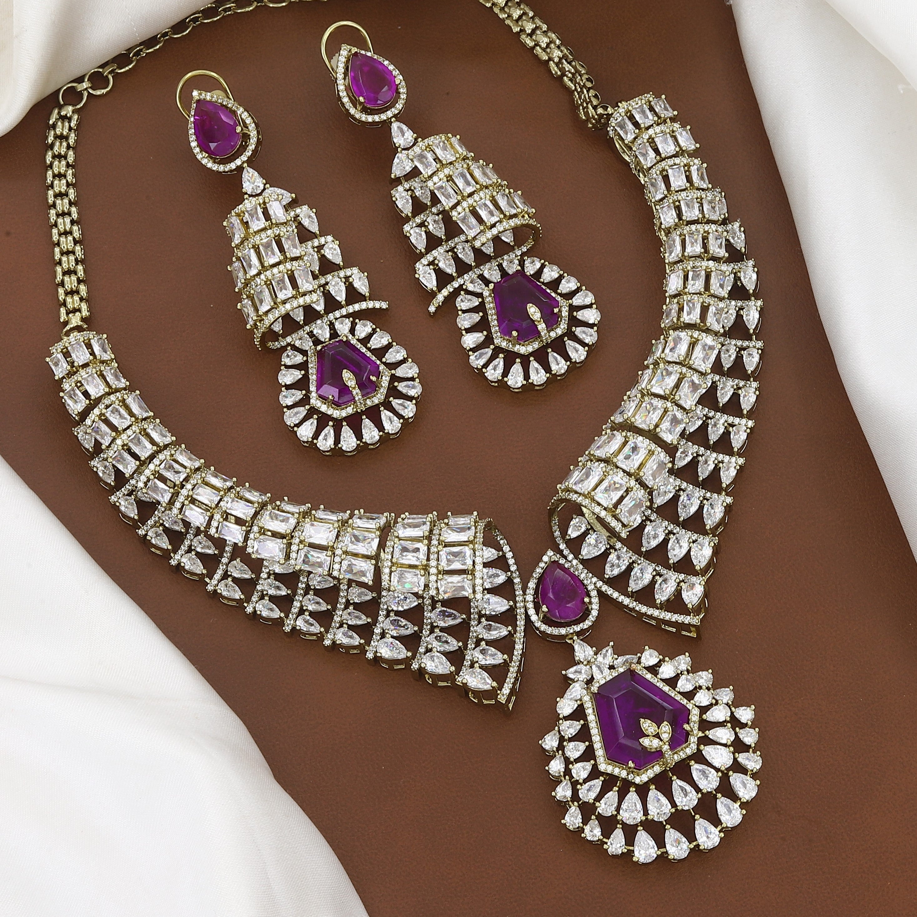 Luxury Statement Necklace & Earring Set with Emeralds & Baguette Stones