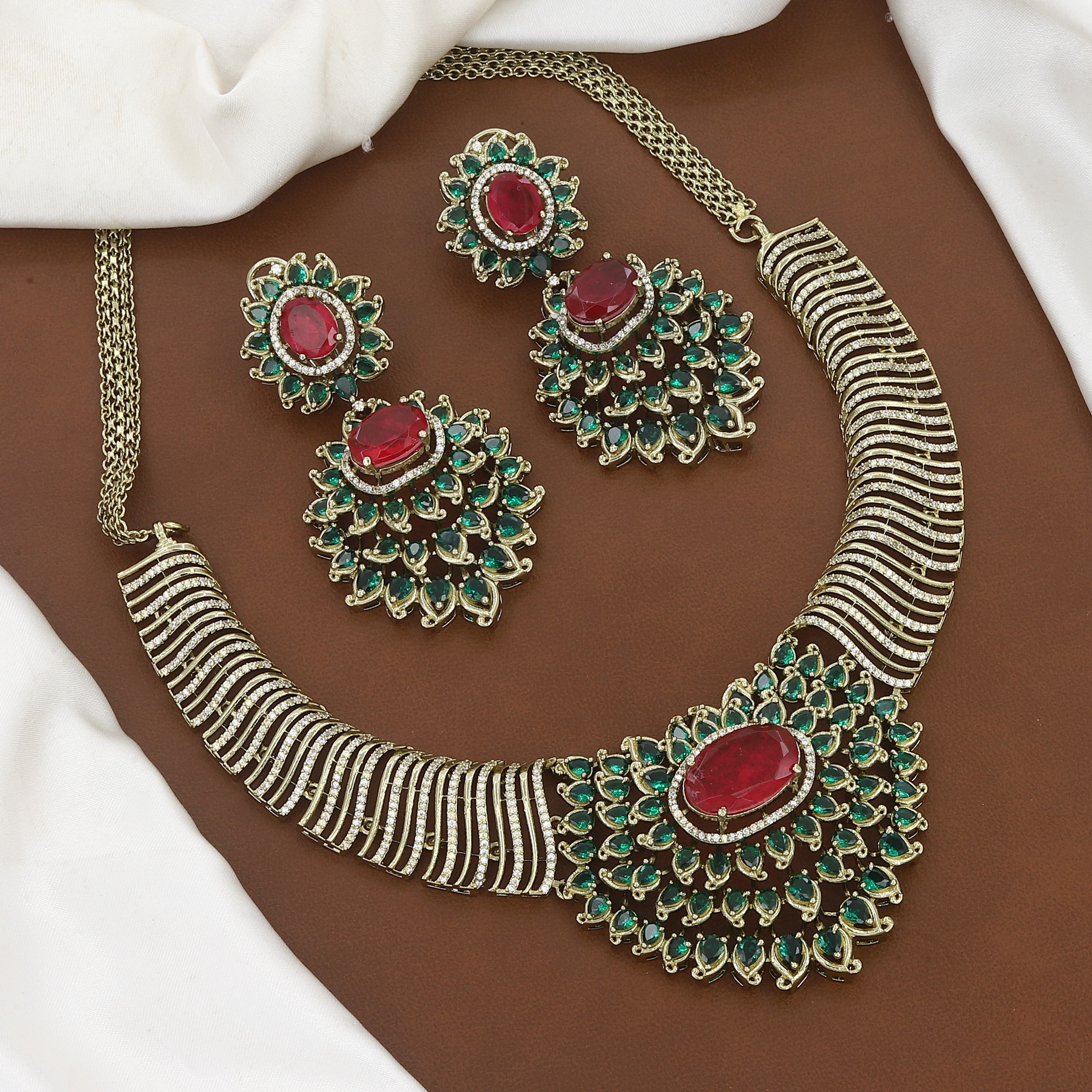 Mehndi Polished Royal Ruby and Emerald Diamond Necklace Set