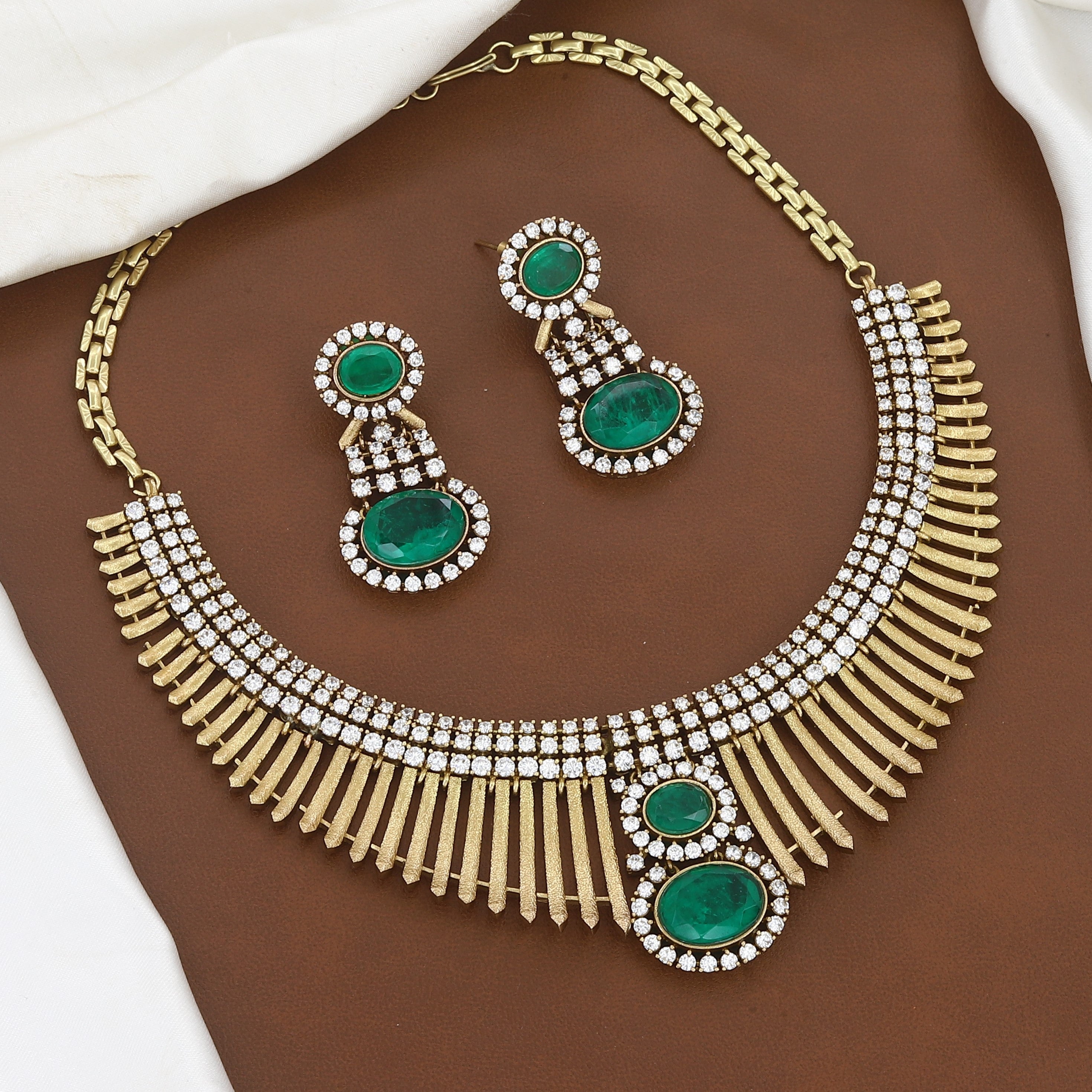 Sophisticated Emerald and Diamond-Look Diamond Necklace Set