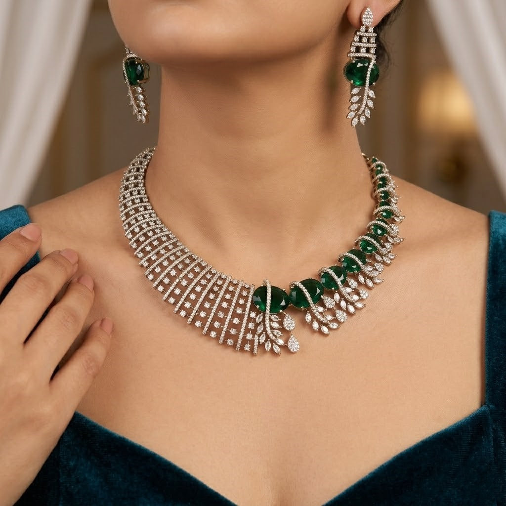 Mehndi Polished Luxury Emerald American Diamond Necklace Set