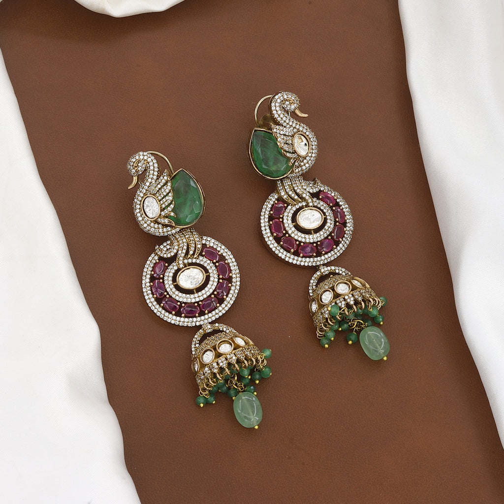 Royal Swan Motif Emerald Bead Necklace Set with Jhumkas