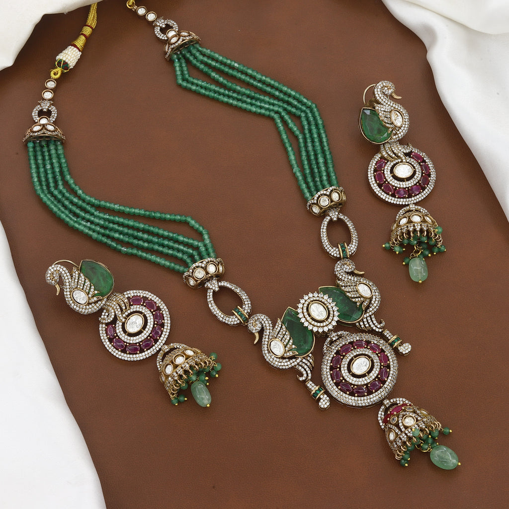 Royal Swan Motif Emerald Bead Necklace Set with Jhumkas