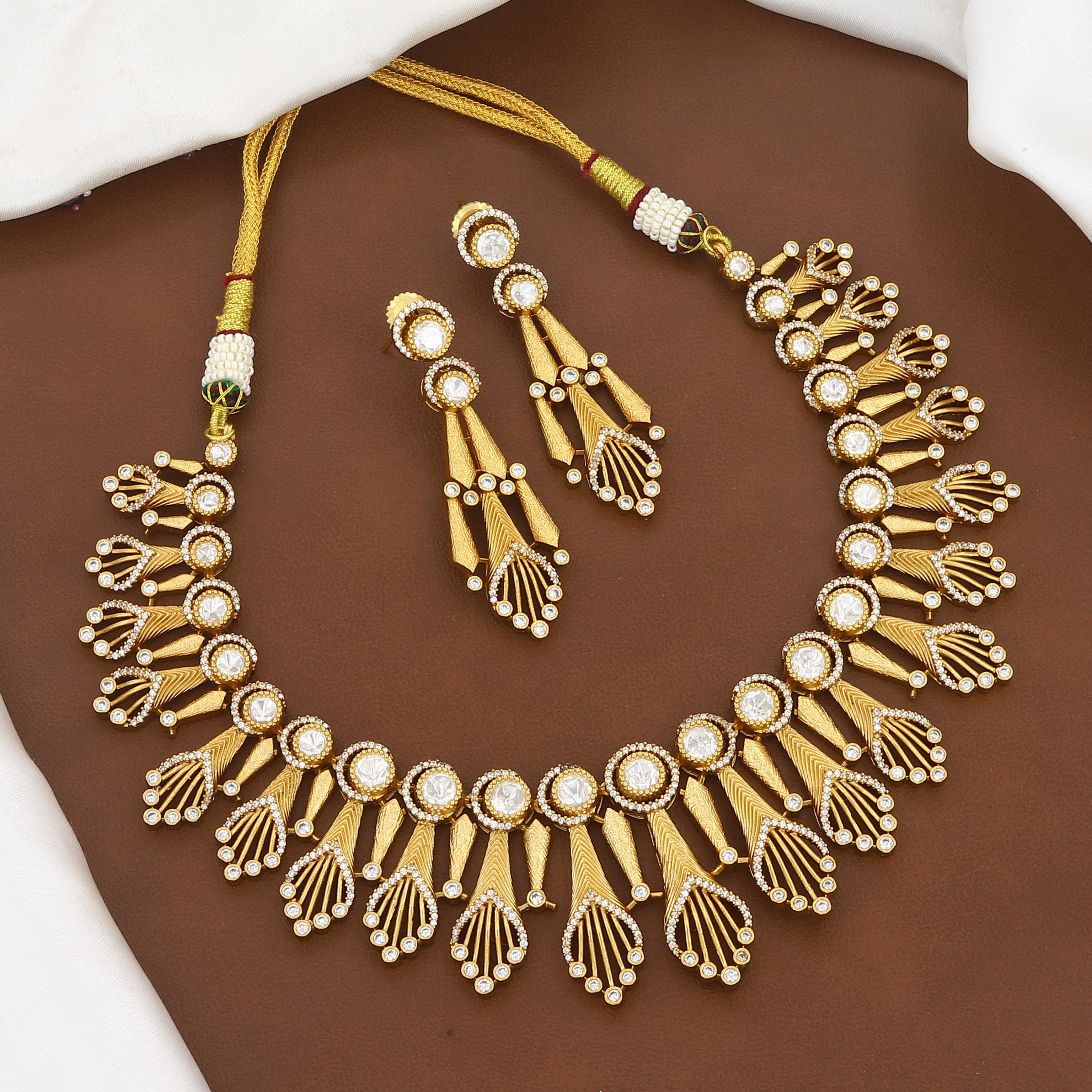 Antique Matte Gold Polki Necklace Set with Textured Motifs