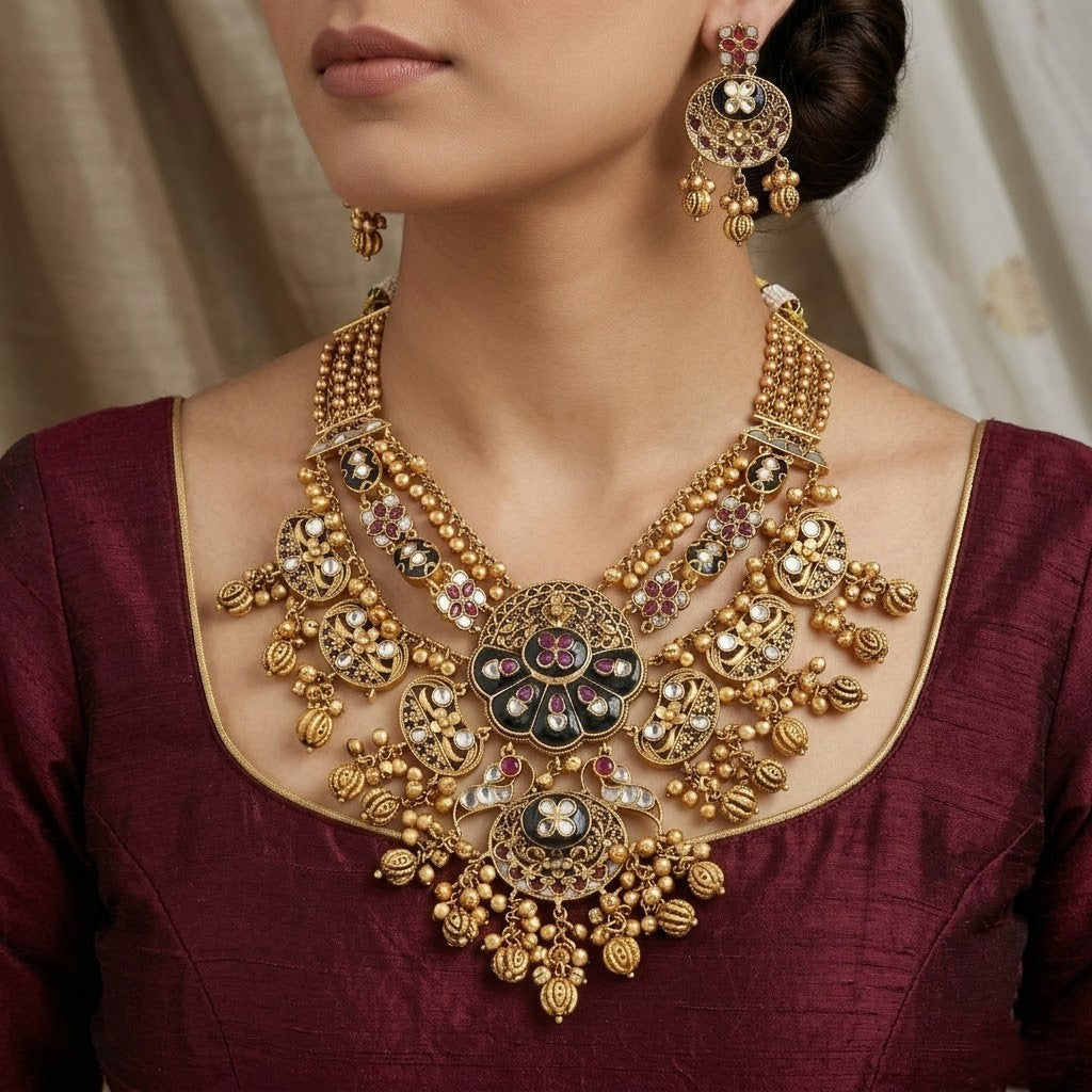 Antique Gold Tone, Multi-Stone & Enamel Work Necklace Set
