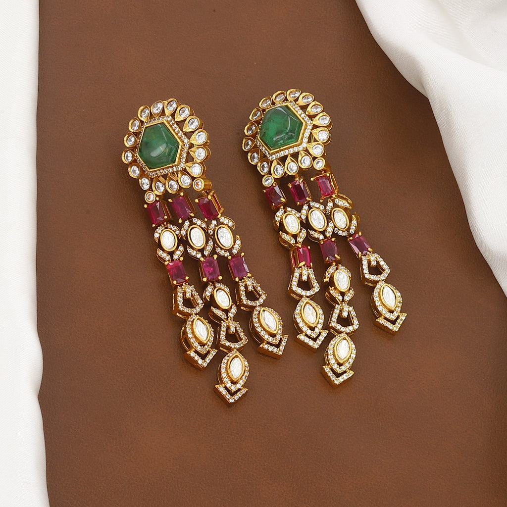 Royal Polki & Emerald Chandelier Necklace Set with Ruby Accents