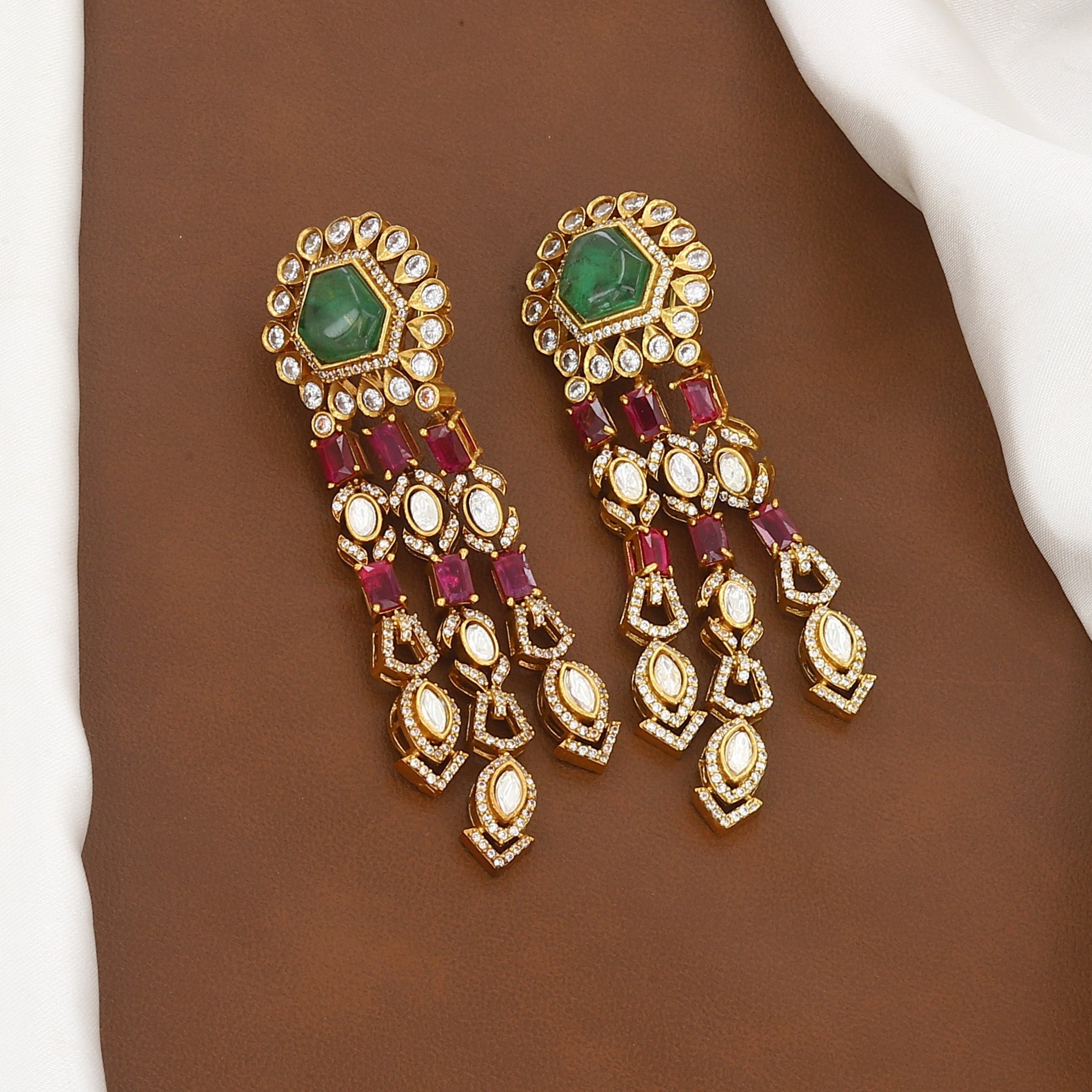Royal Polki & Emerald Chandelier Necklace Set with Ruby Accents