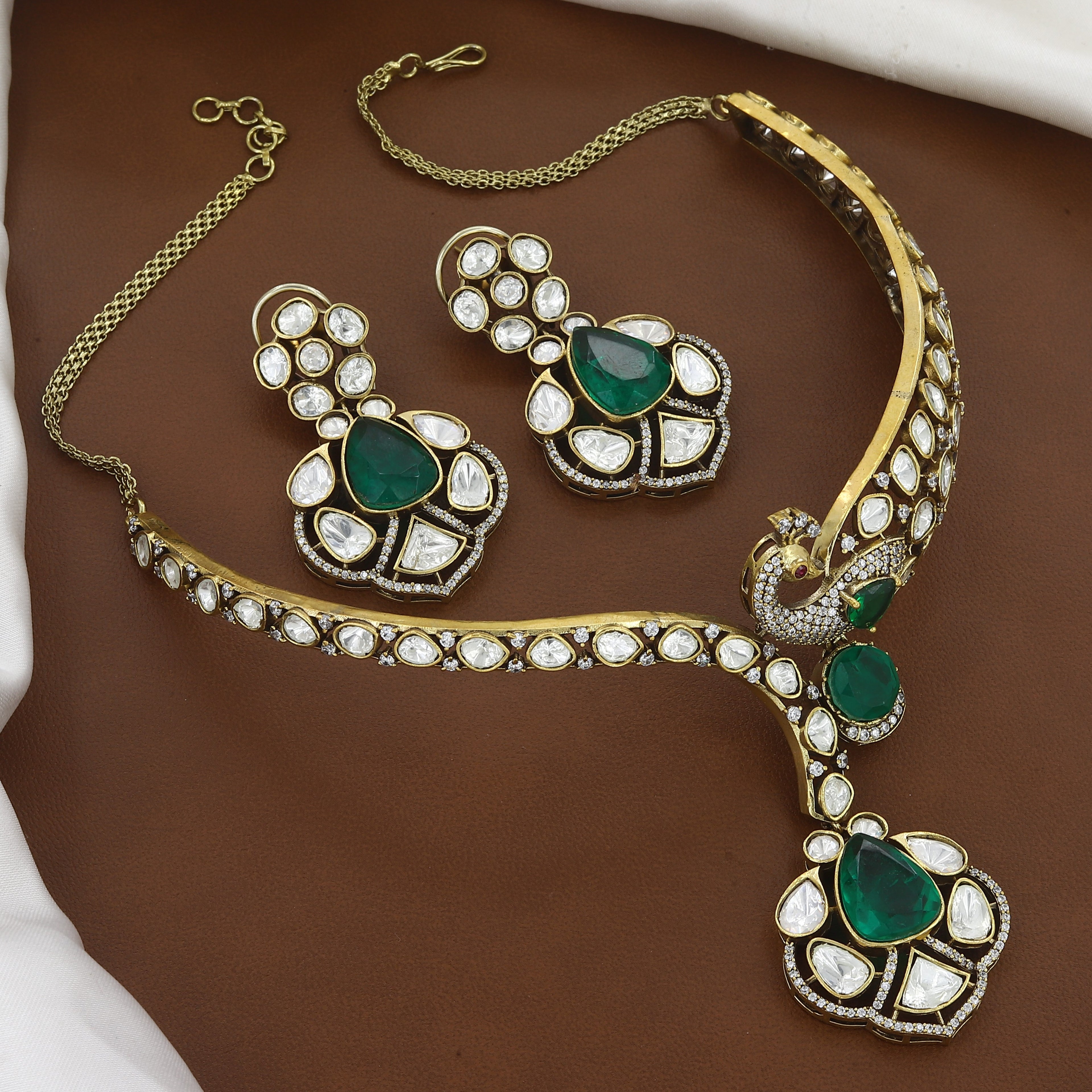 Traditional Kundan Peacock Pendant Set with Teardrop Emeralds