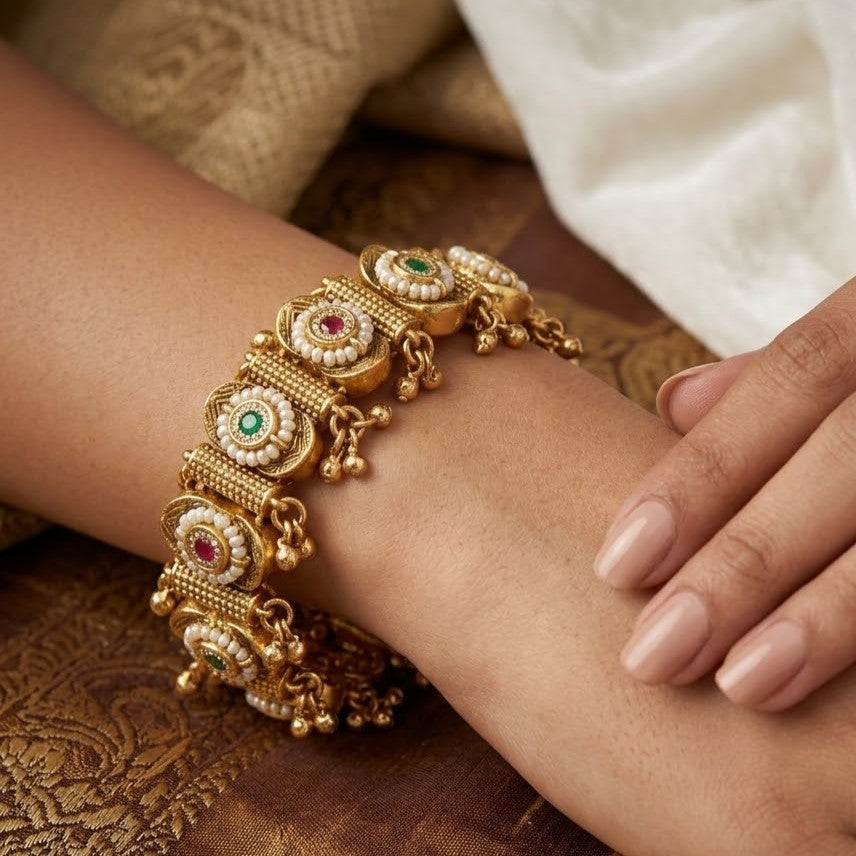 Antique Gold Stone & Seed Pearl Medallion Bracelet
