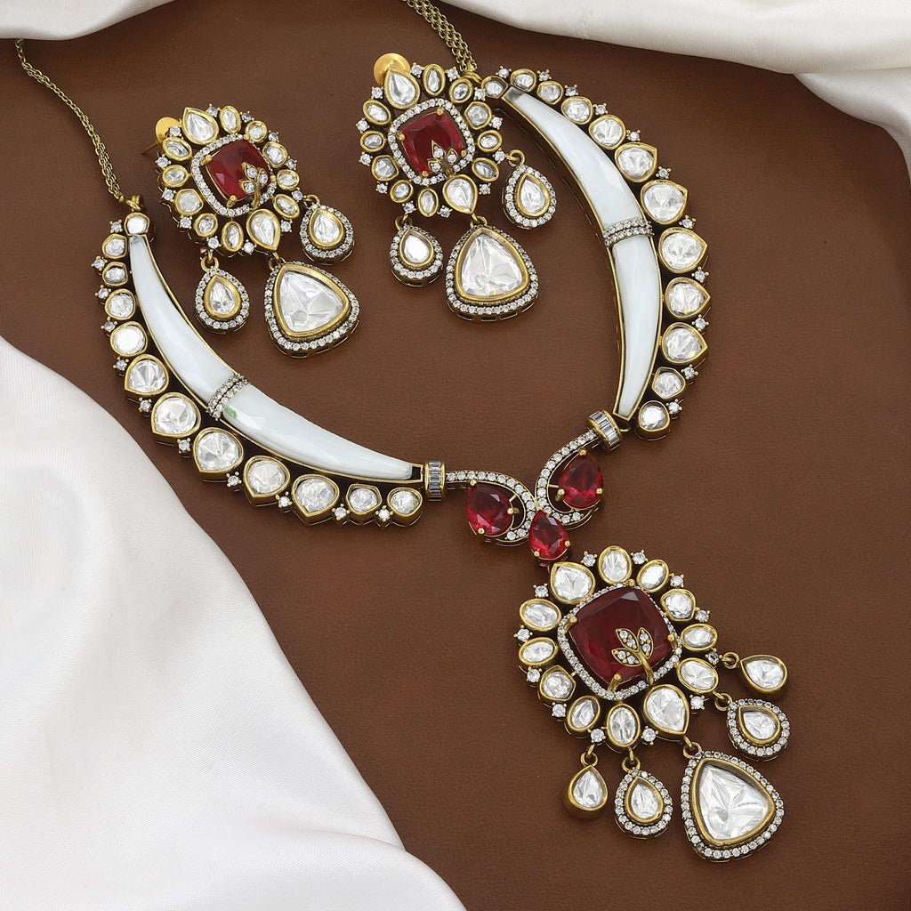 Royal Mother of Pearl Polki Necklace Set with Emeralds