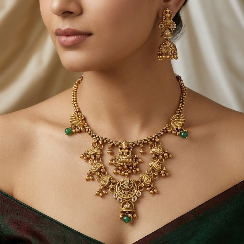 Antique Gold Temple Jewelry Necklace with Goddess Motifs & Jhumkas