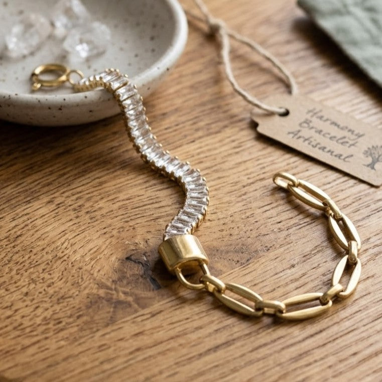 Gold Padlock Charm Bracelet with Baguette Crystals