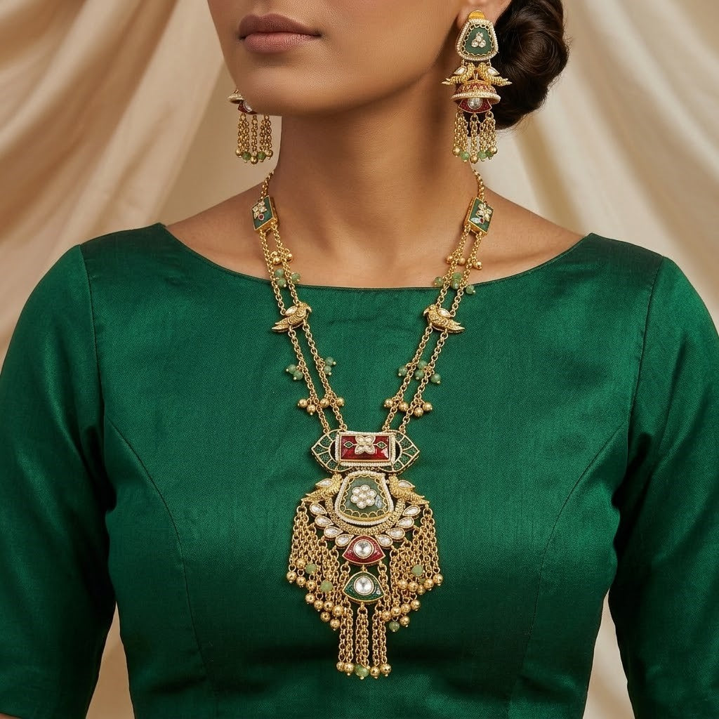 Grand Gold-Plated Meenakari & Jhumki Necklace Set with Stone Drops