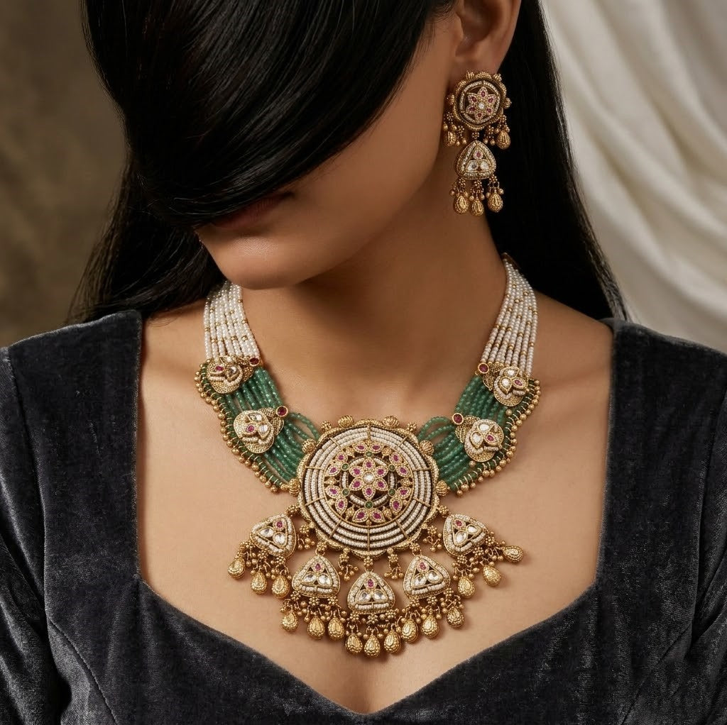 Traditional Indian Kundan & Pearl Wedding Necklace Set with Earrings