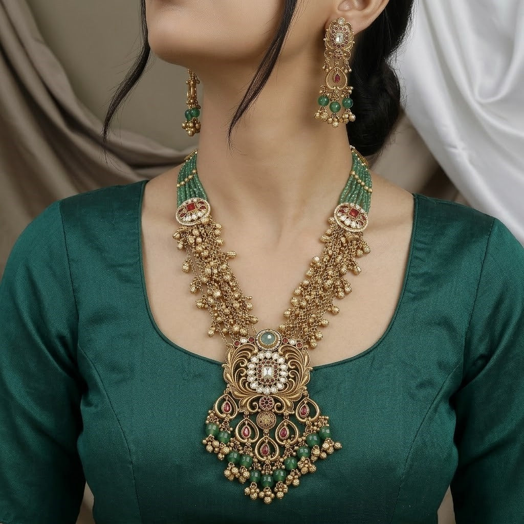 Antique Ruby and Emerald Long Necklace Set in