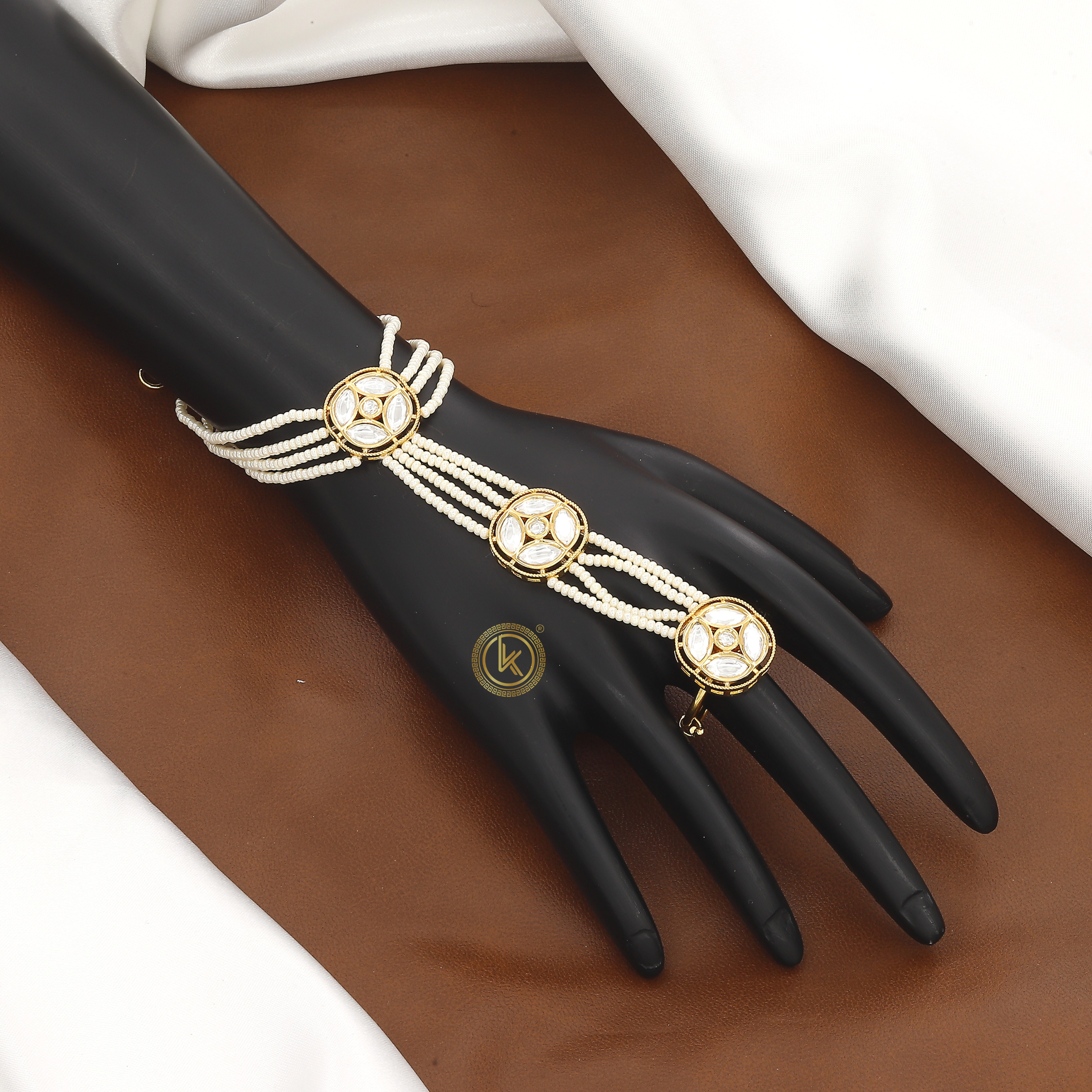 Pearl Hath Panja with Gold & White Stone Settings