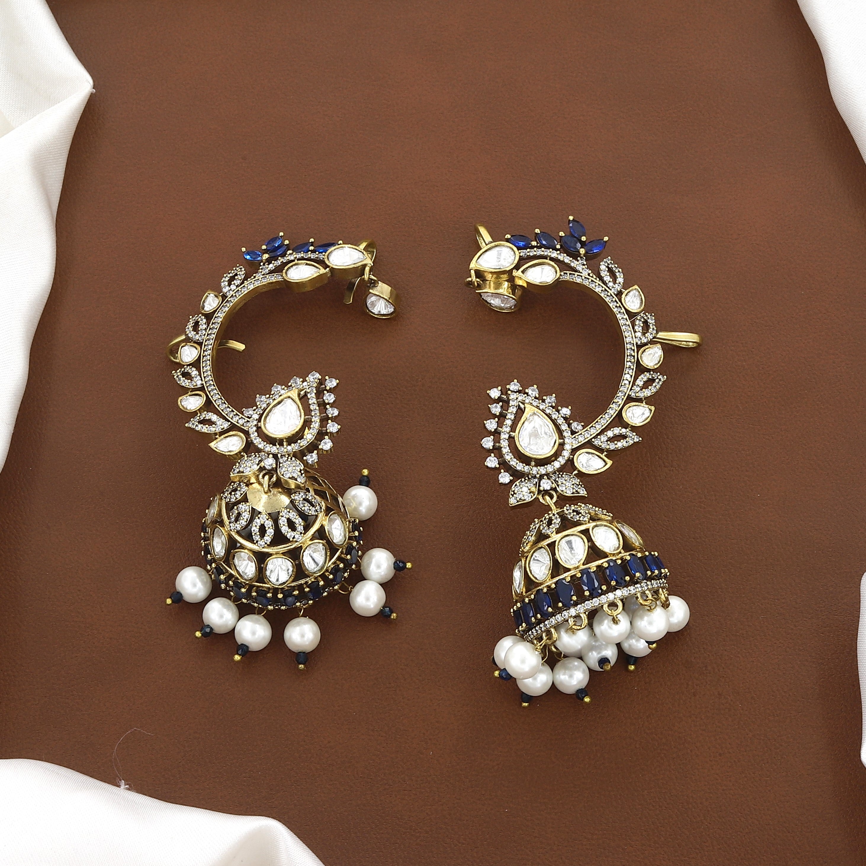 Victorian Polished Antique Gold Kundan & Ruby Jhumka Ear Cuffs