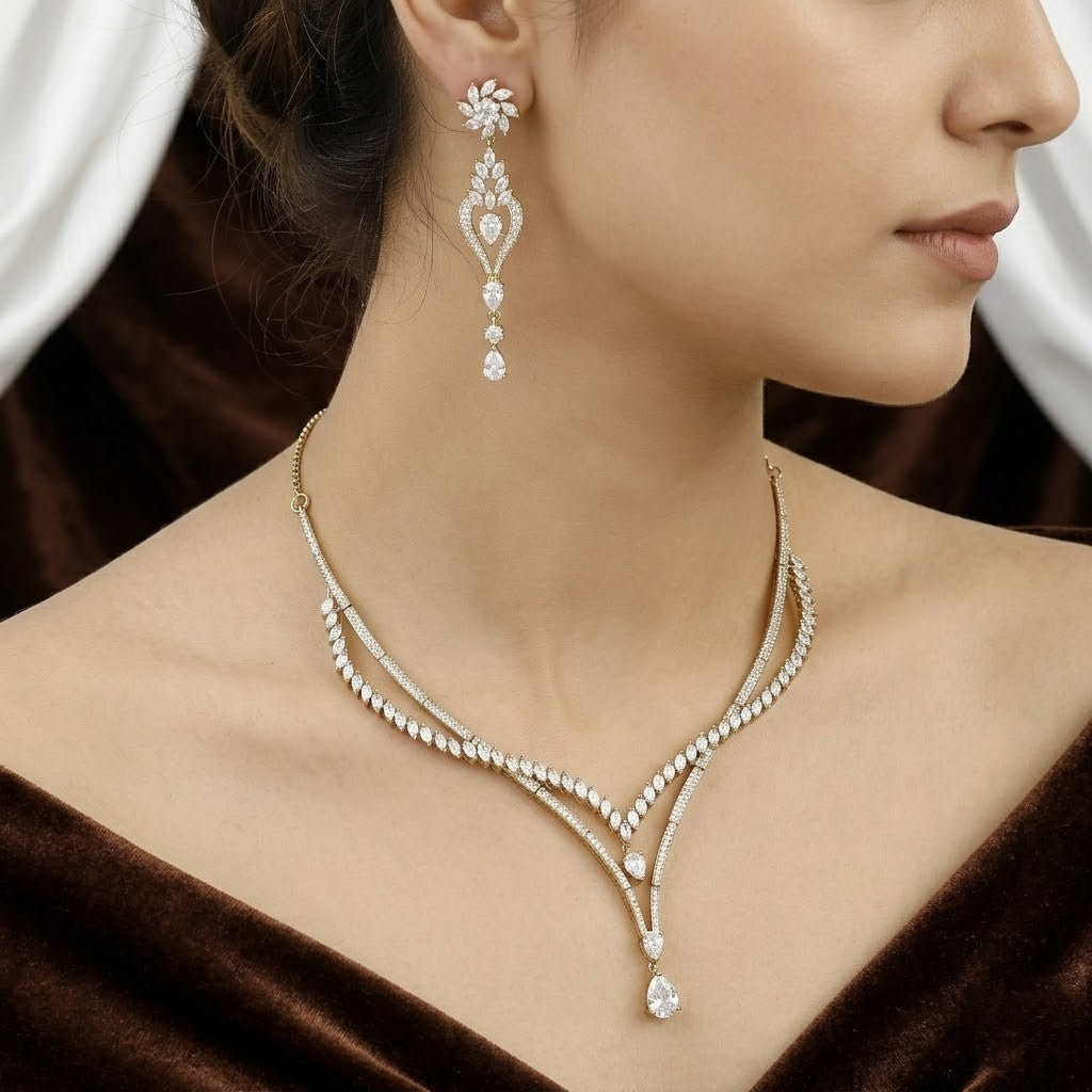 Elegant Mehndi-Polish CZ Y-Necklace and Drop Earring Set