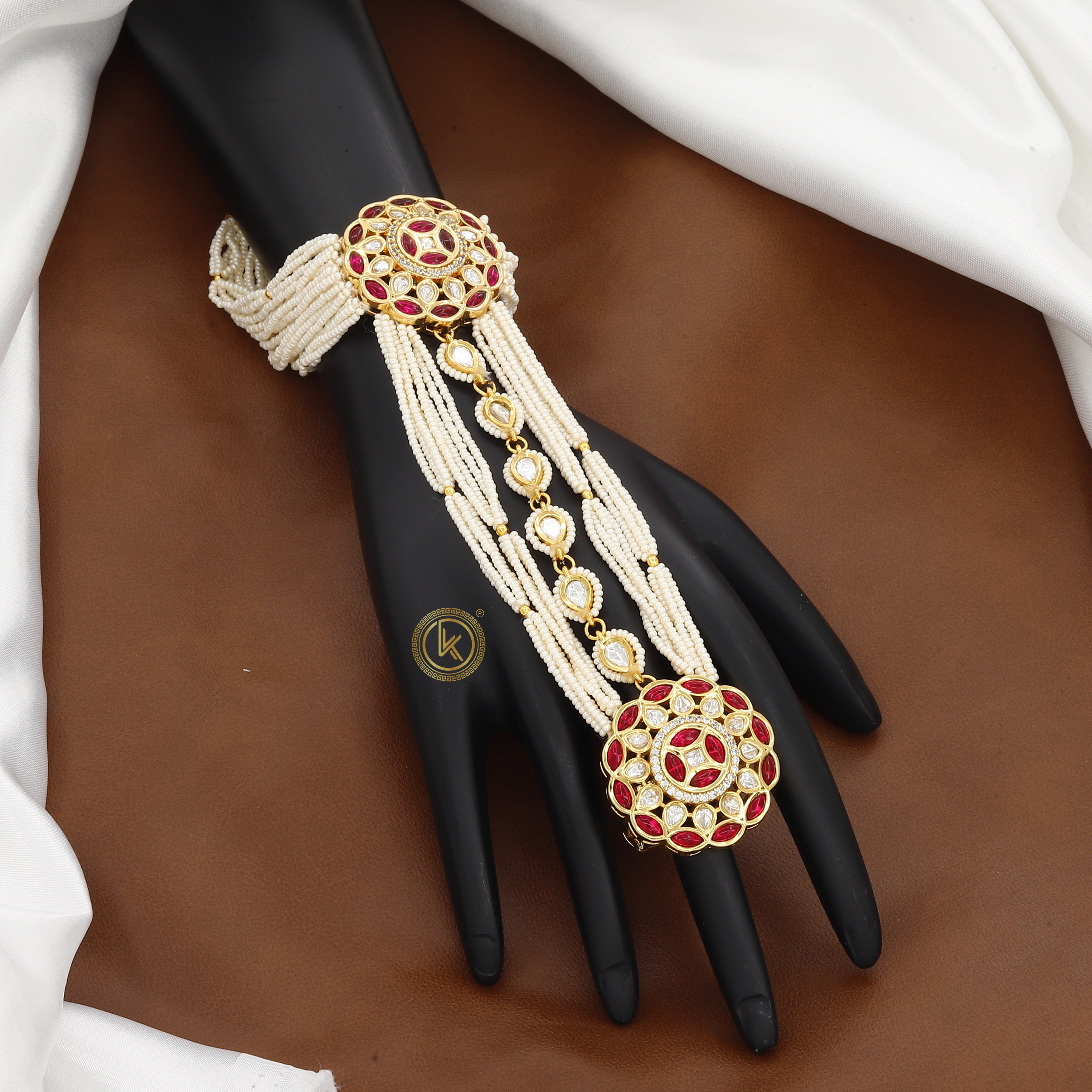 Designer Gold Plated Hath Panja with Pearls & Gems
