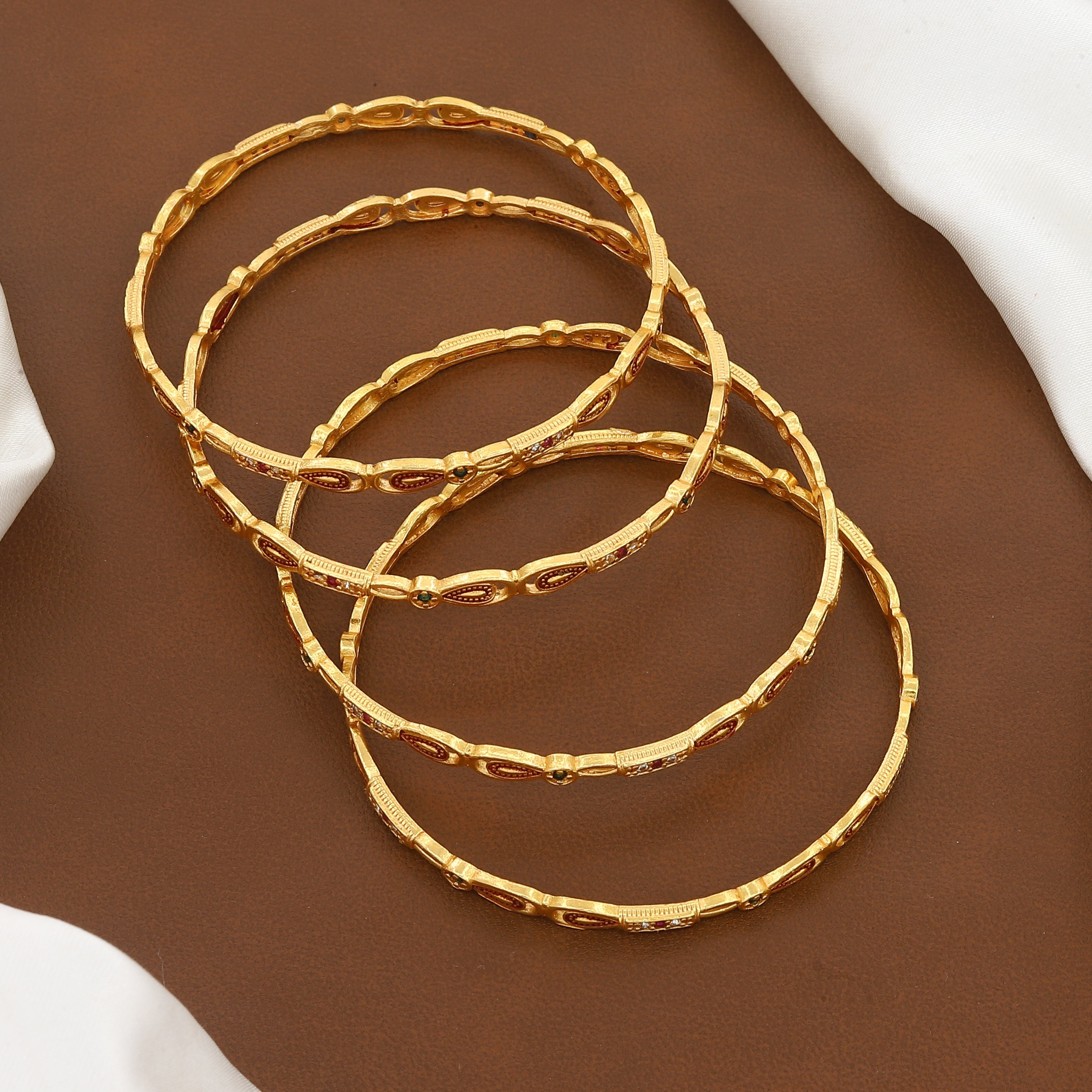 Gold Plated Sleek Bangle Set of 4 with Crystals