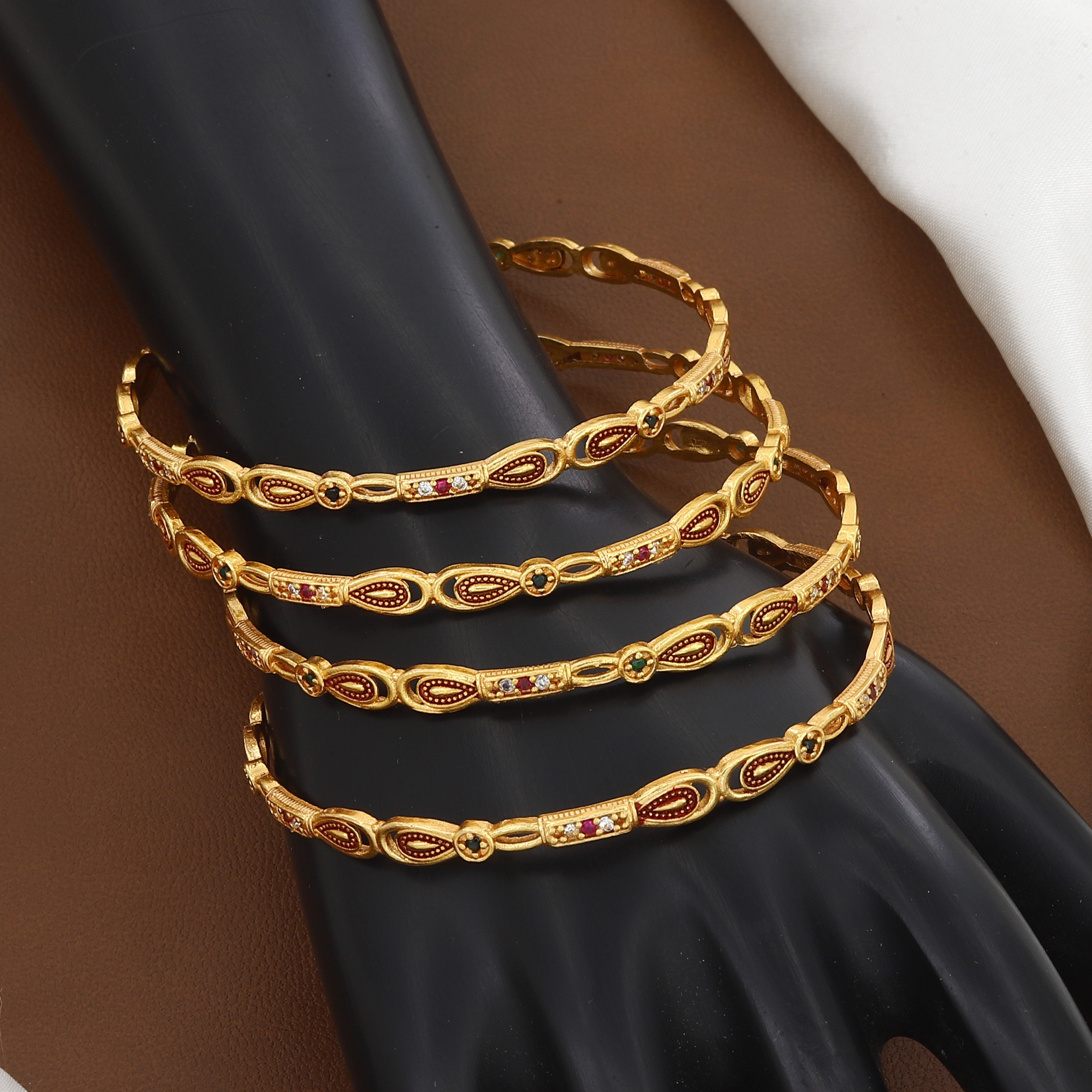 Gold Plated Sleek Bangle Set of 4 with Crystals