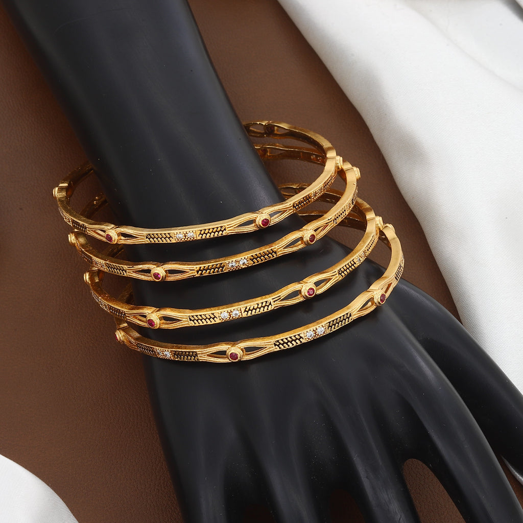 Gold Plated Sleek Bangle Set of 4 with Rubies