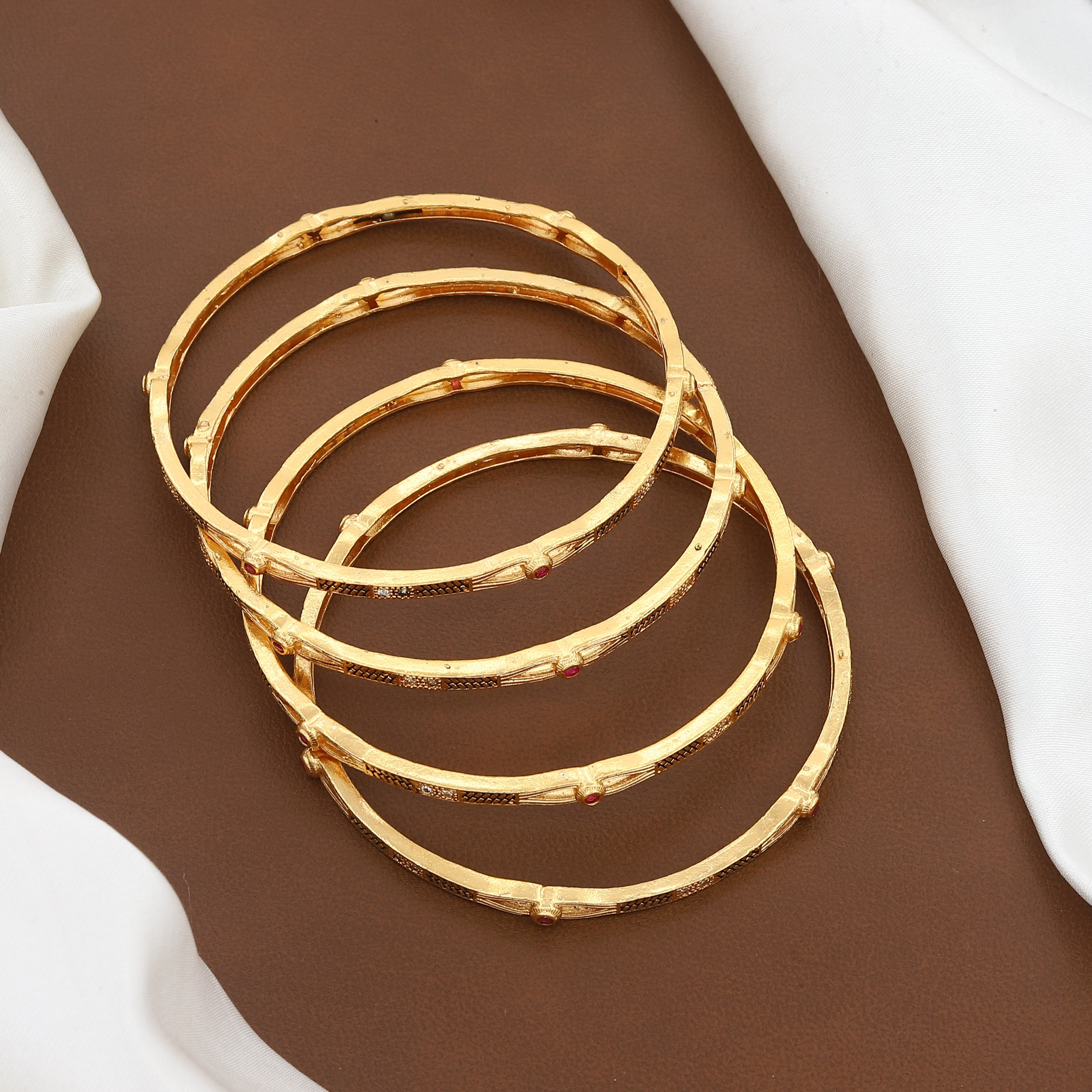 Gold Plated Sleek Bangle Set of 4 with Rubies