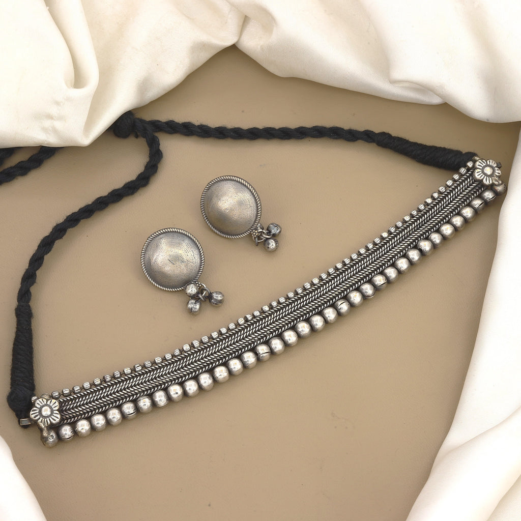 Oxidized Silver Choker Necklace Set with Ghungroo Studs