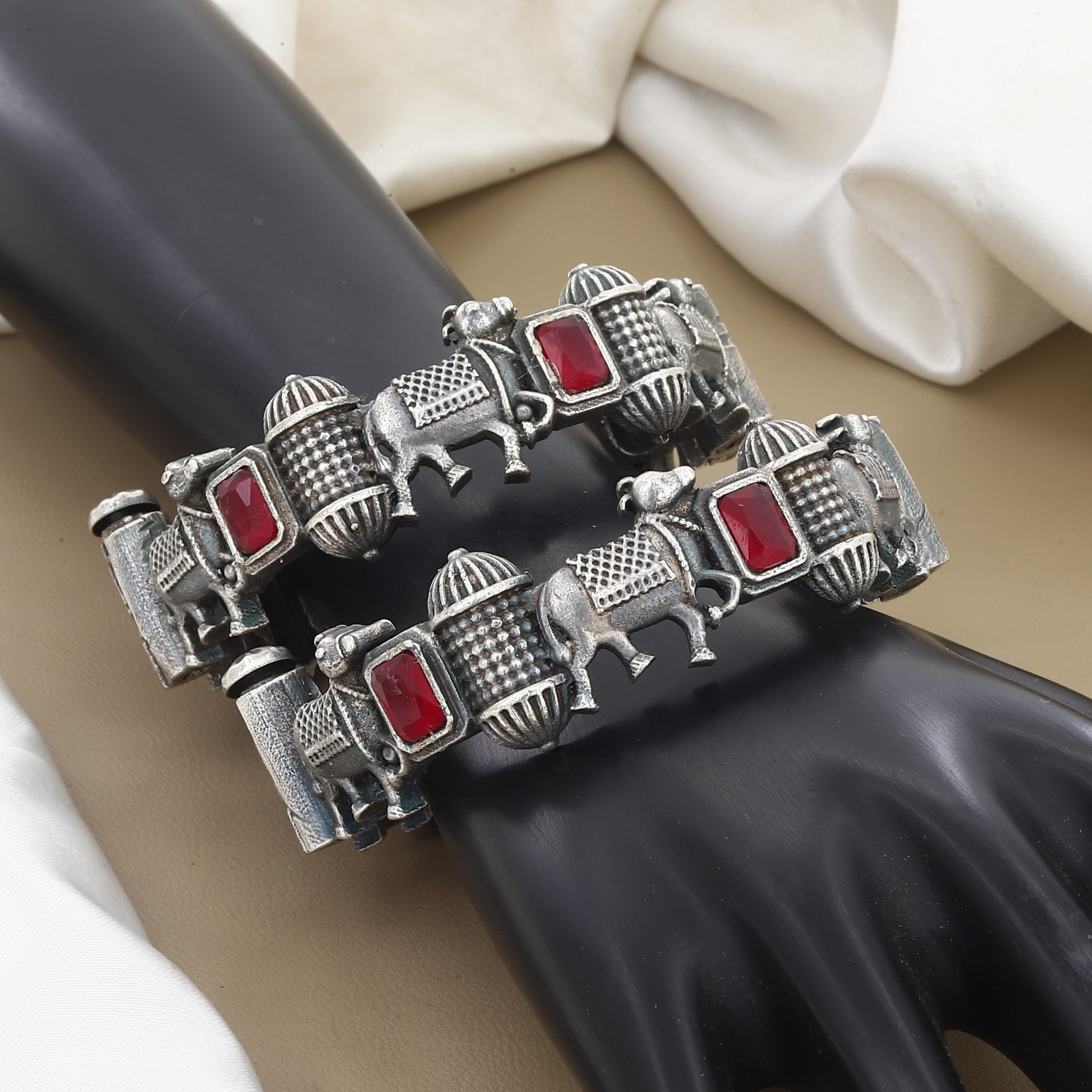 Tribal Oxidized Silver Elephant Bangle Set with Red Accents