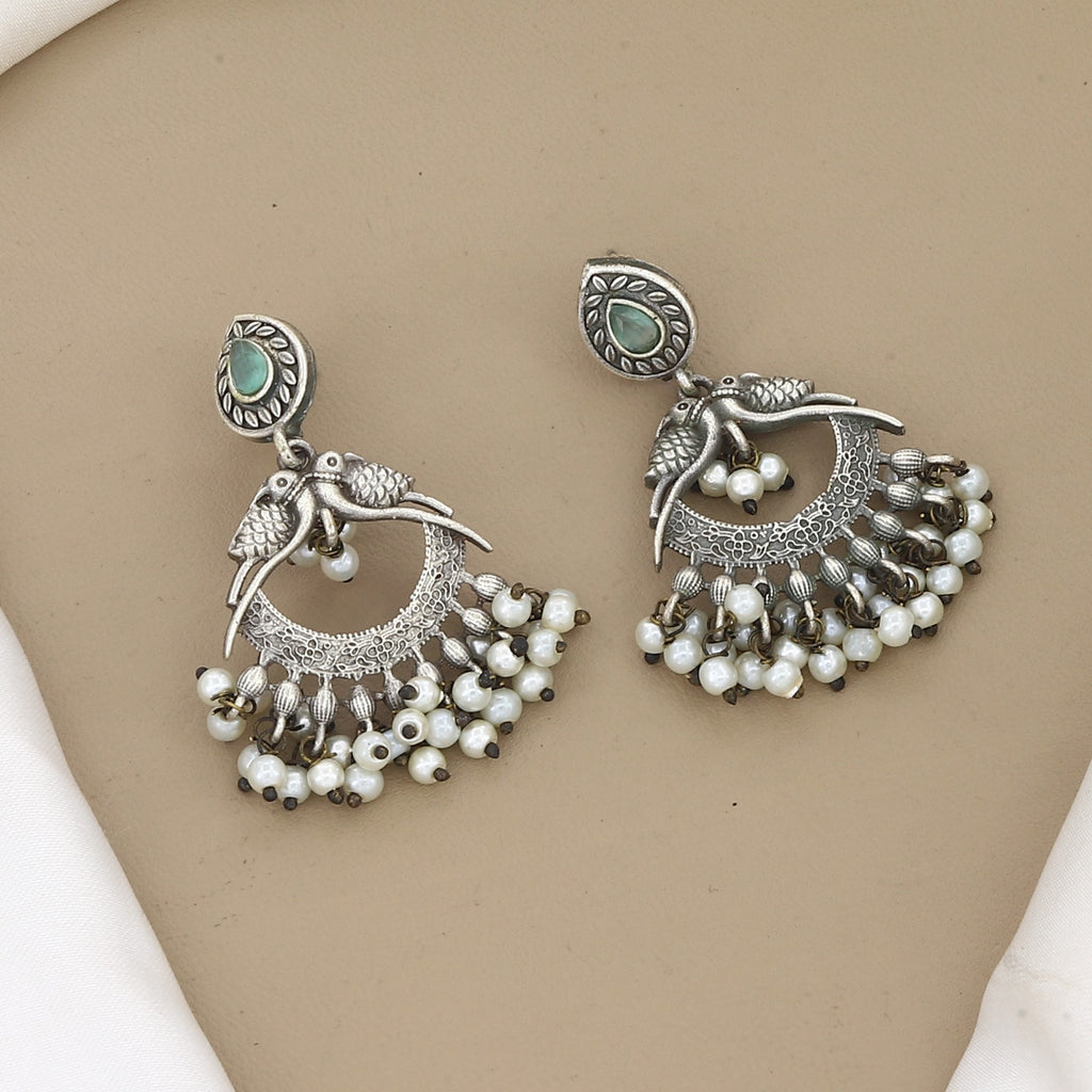 Antique Oxidized Silver Bird Motif Chandbali Earrings with Pearls