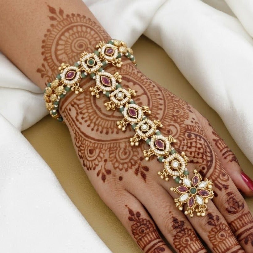 Ruby, Emerald & Pearl Hand Harness Antique Hath Panja