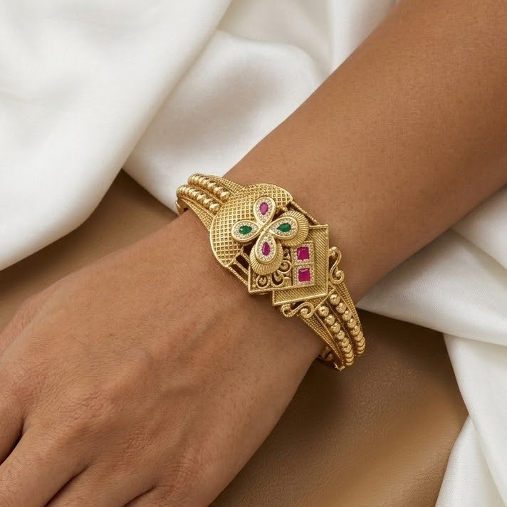 Antique Gold Floral Kada Bangle with Red & Green Stones