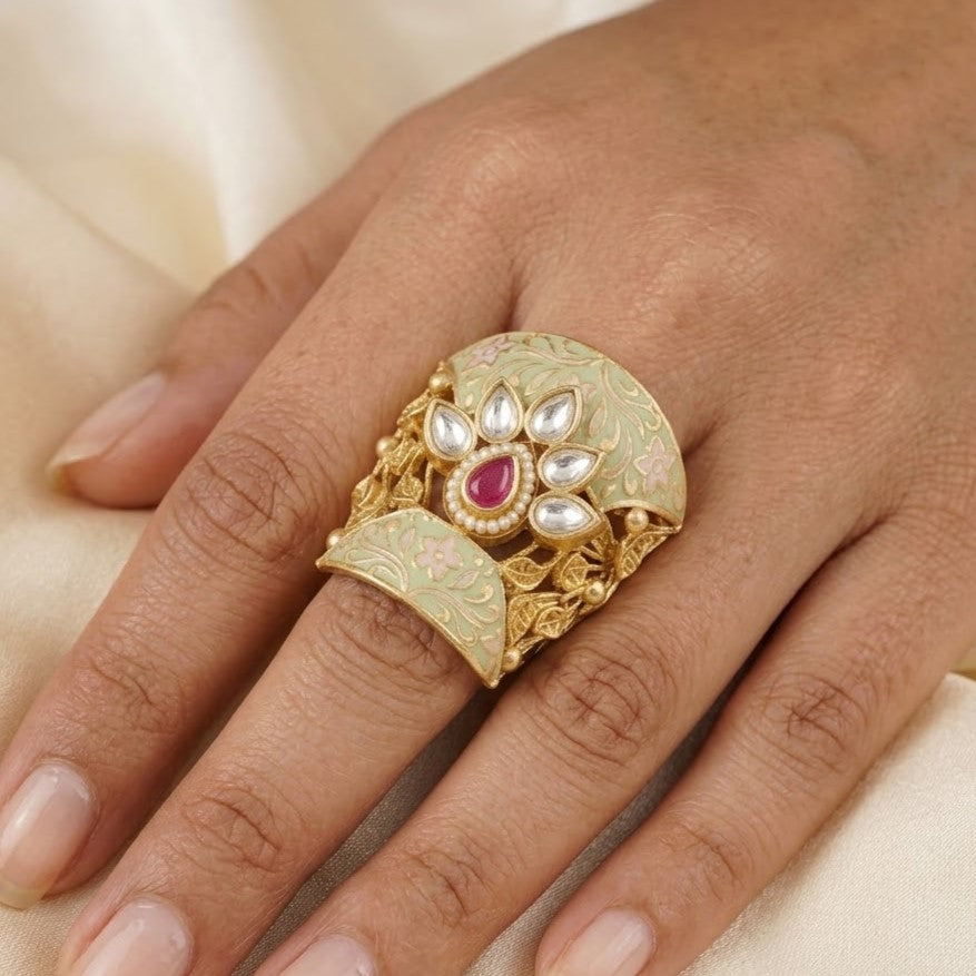 Broad Kundan Finger Ring For Women
