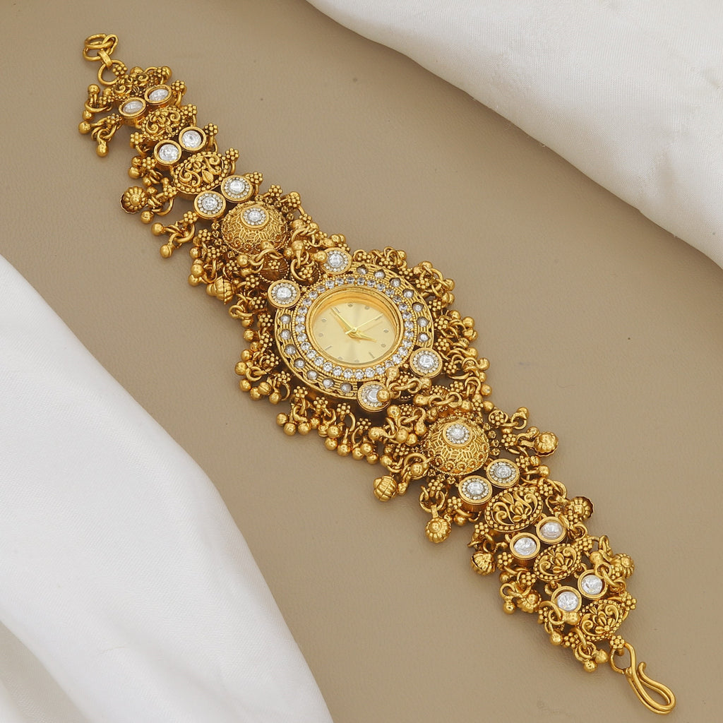Antique Gold Plated Kundan Polki Bracelet Watch