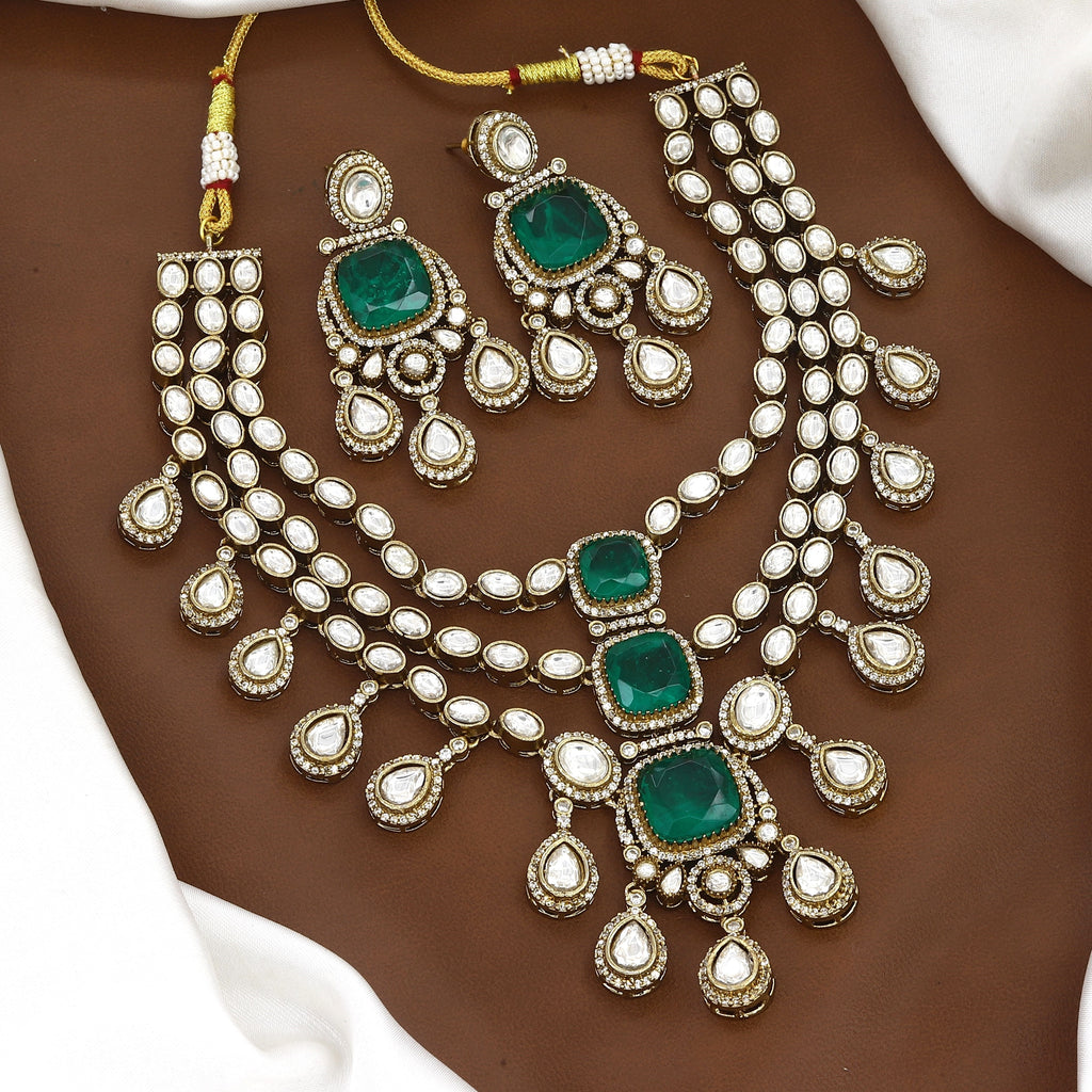 3-Layer Kundan Necklace Set with Emerald Green Stones