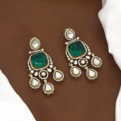3-Layer Kundan Necklace Set with Emerald Green Stones