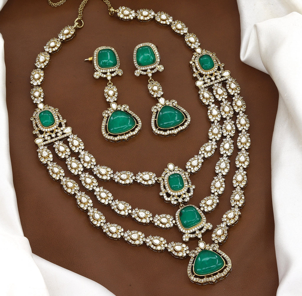 Emerald  Multi-Layered Kundan Necklace & Earrings Set