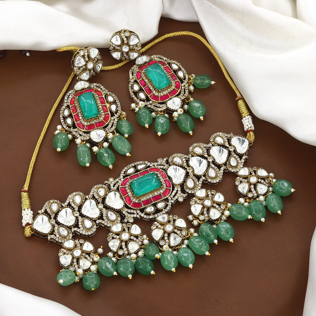 Traditional Kundan Choker & Earrings Set with Mint Green Beads