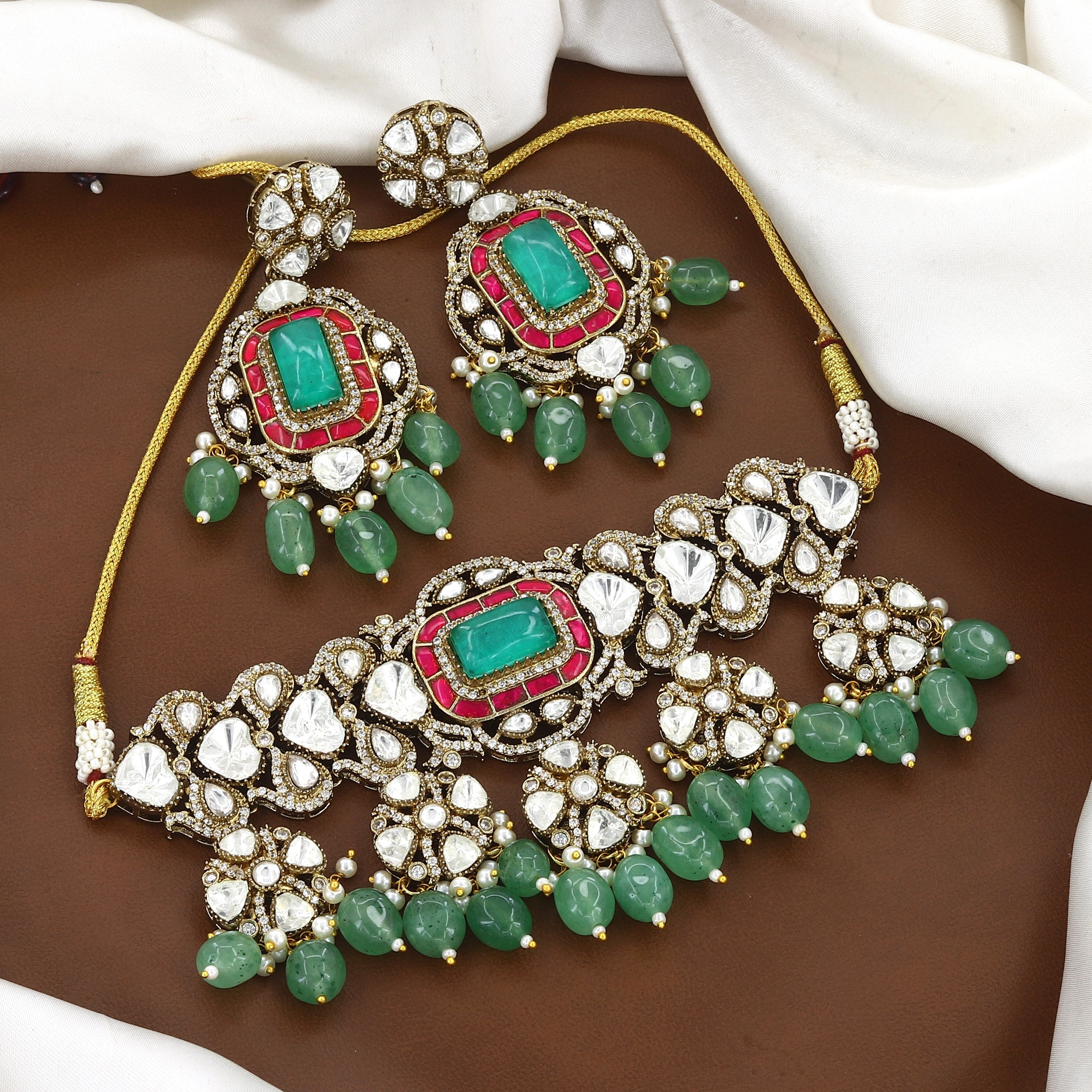 Traditional Kundan Choker & Earrings Set with Mint Green Beads