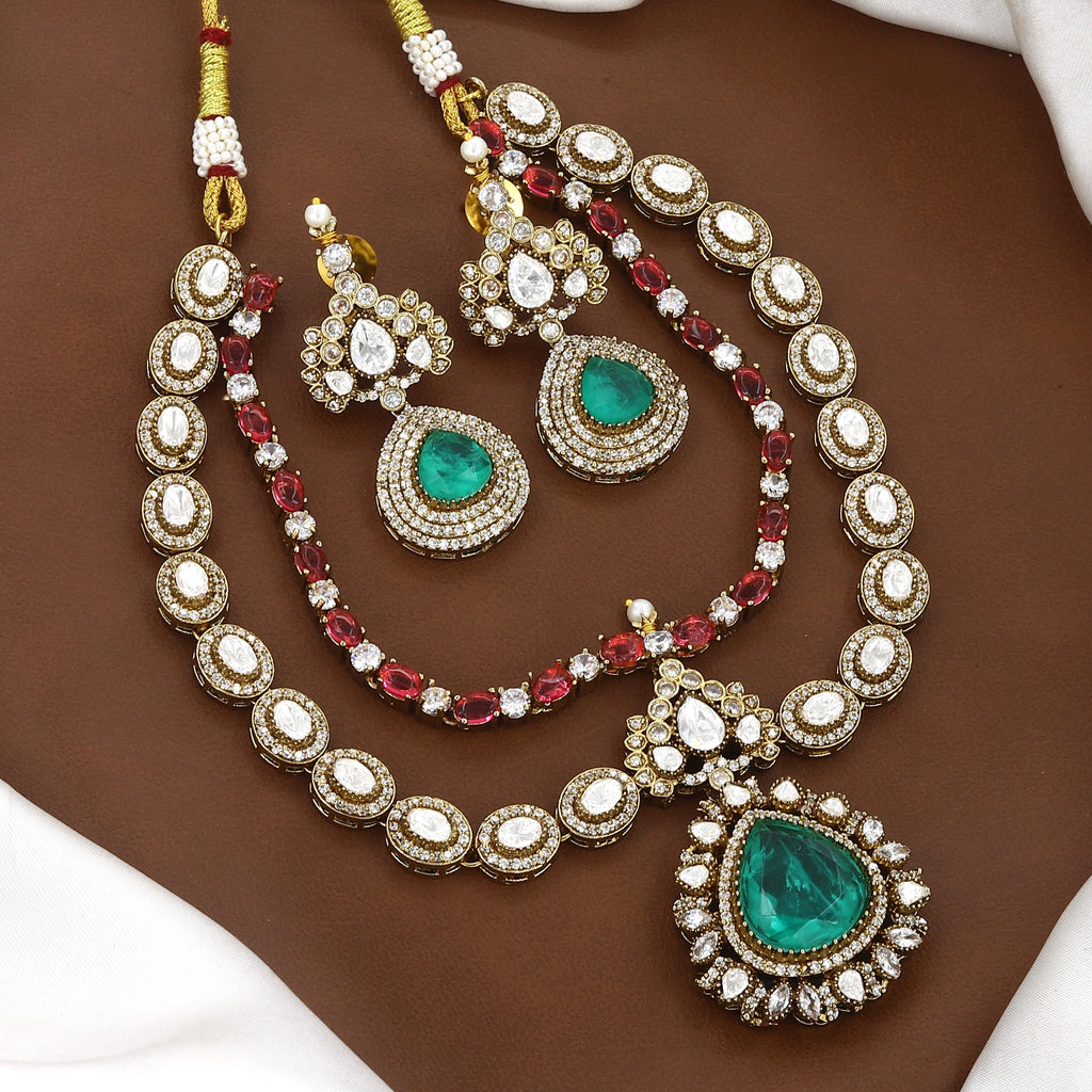 Kundan & Emerald Green Layered Necklace Set with Earrings