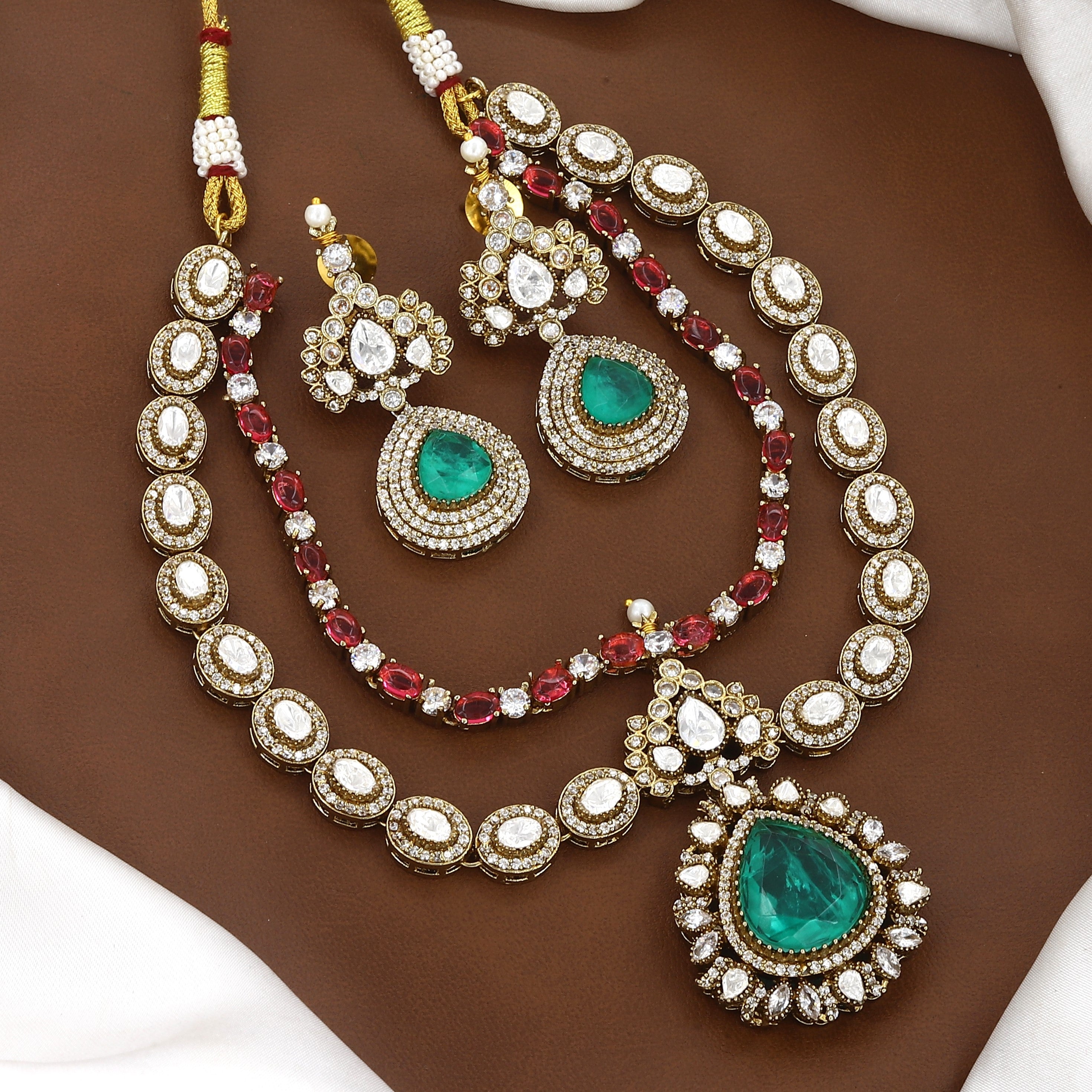 Kundan & Emerald Green Layered Necklace Set with Earrings