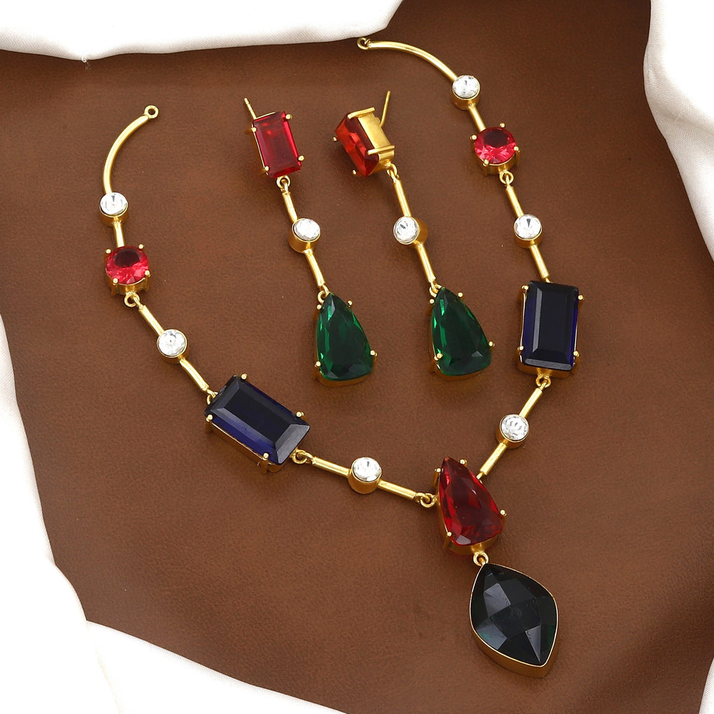 Gold-Plated Multicolor Gemstone Necklace & Drop Earrings Set