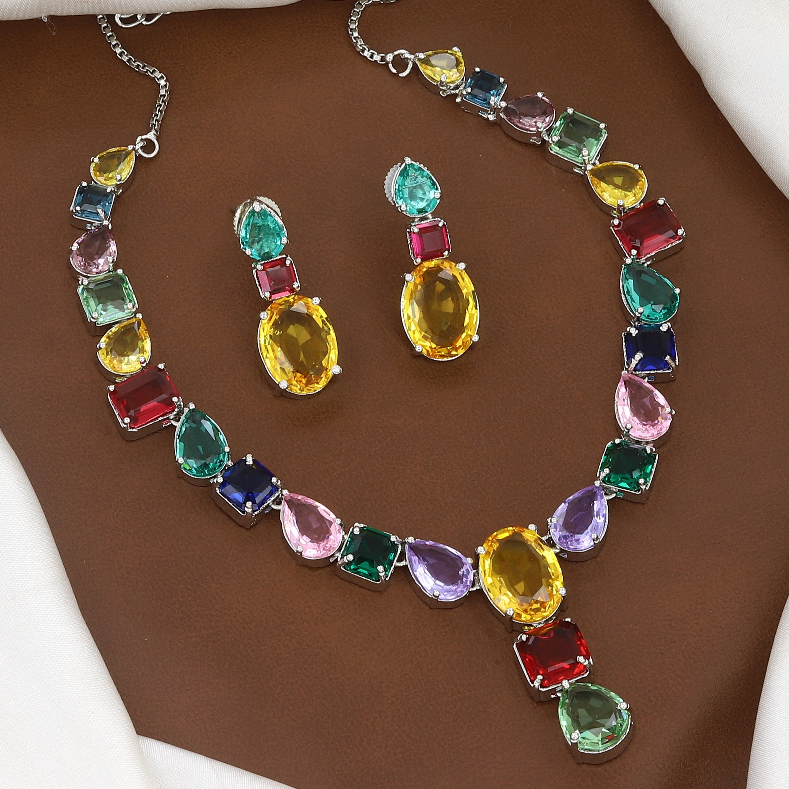 Multicolor Crystal Statement Necklace & Earrings Set