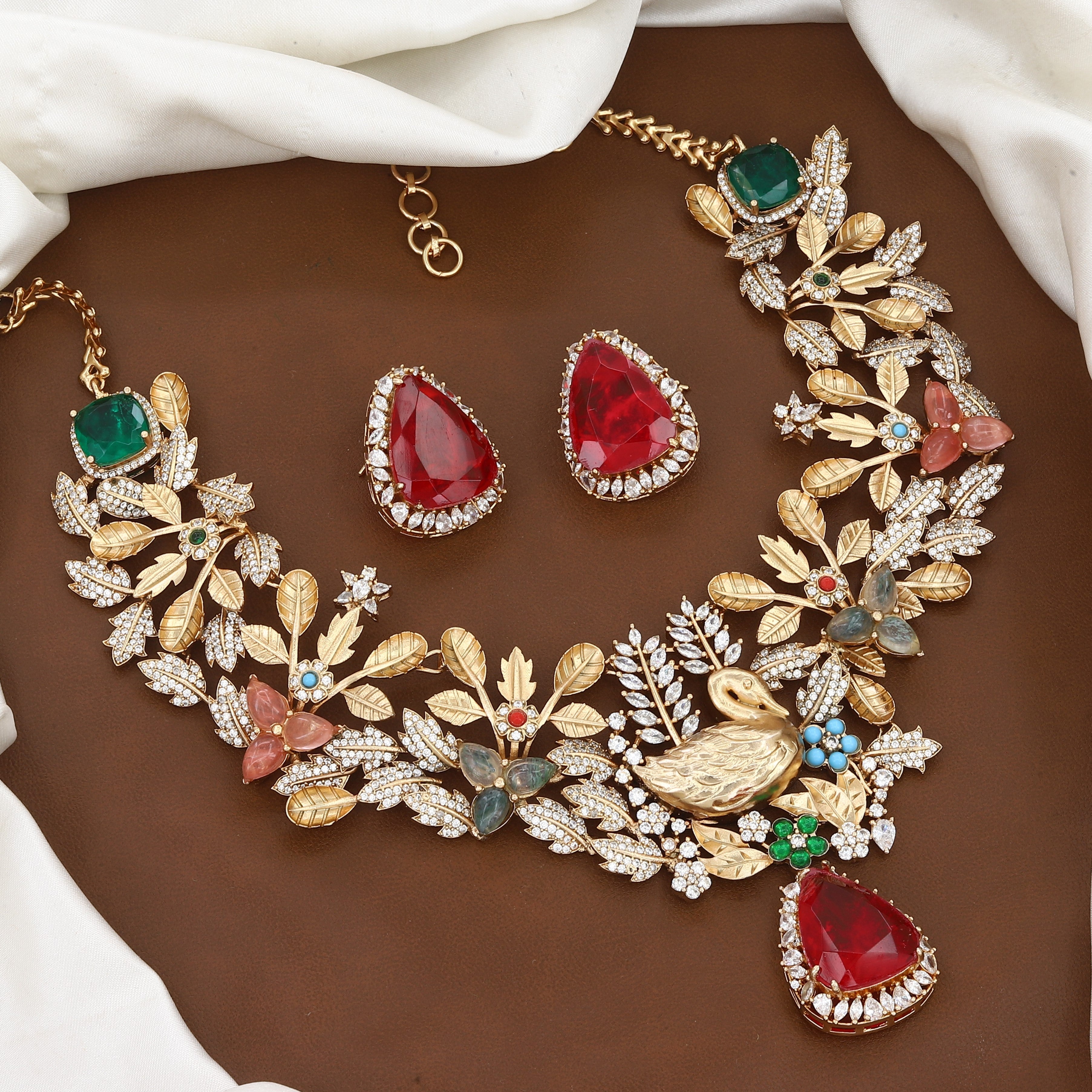 Exquisite Gold Swan Motif Statement Necklace & Earring Set