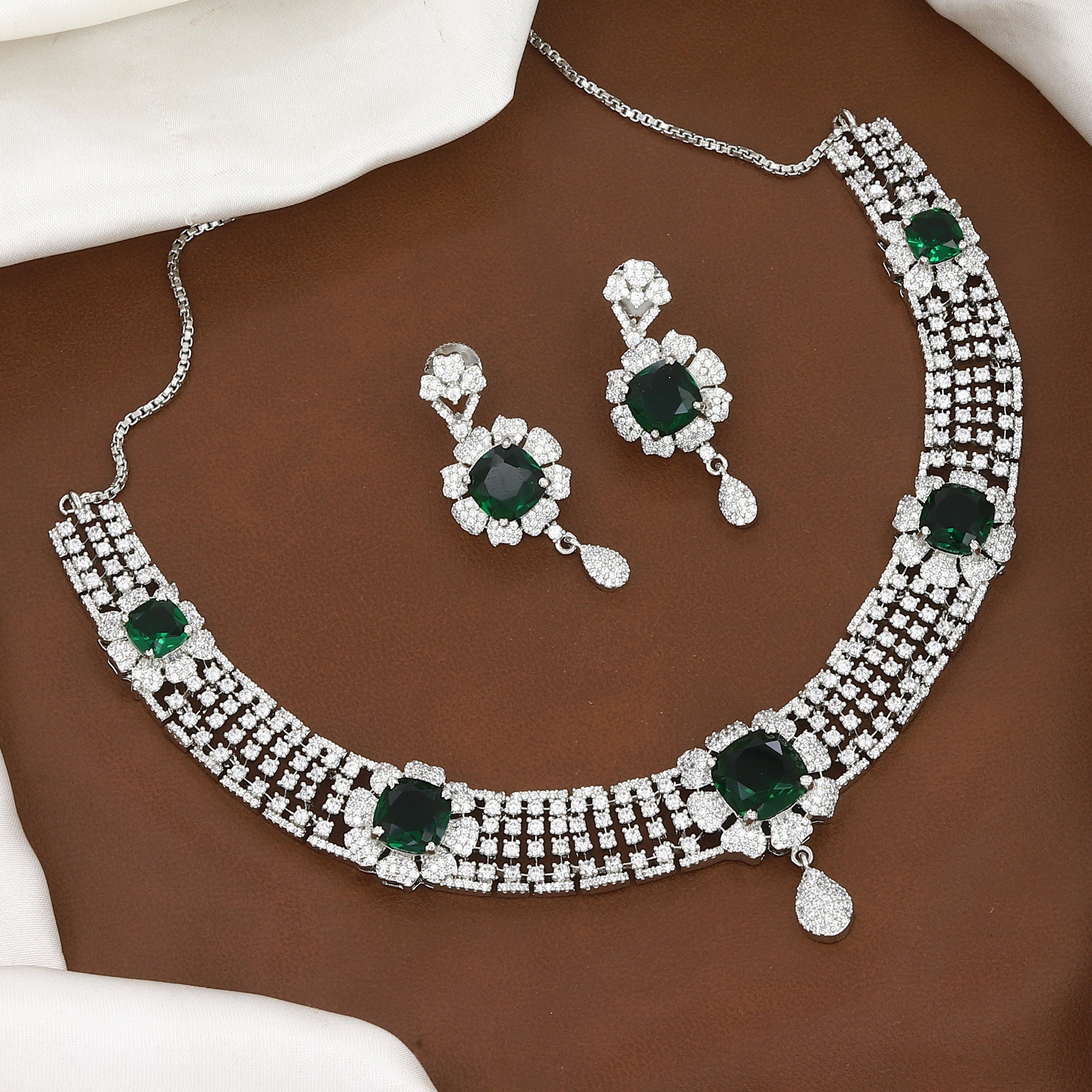 Silver CZ & Green Stone Choker Diamond Necklace Set